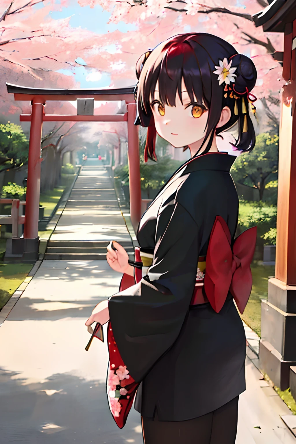 ((masterpiece,best quality)),2girls, black kimono, black legwear, black ribbon, black hair, cherry blossoms, day, flower, hair bun, hair ribbon, japanese clothes, kimono, long hair, looking at viewer, looking back, multiple girls, obi, outdoors, red eyes, red hair, ribbon, sandals, single hair bun, stairs, standing, statue, torii, tree, white kimono, yellow eyes
