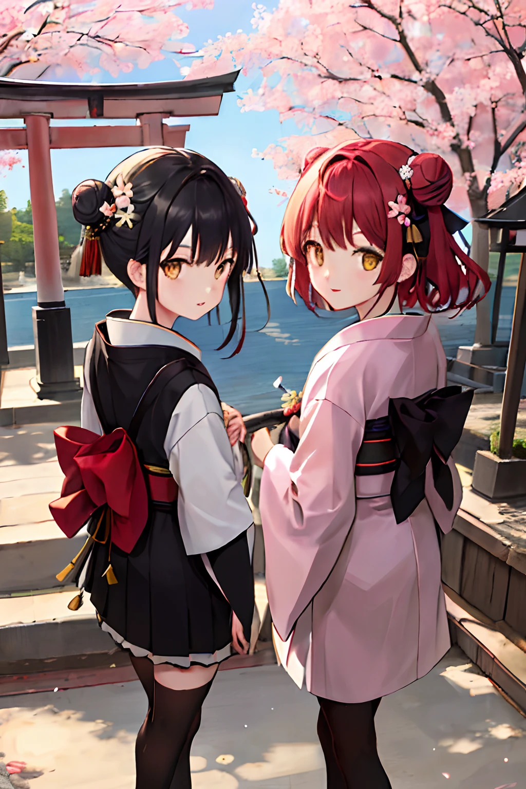 ((masterpiece,best quality)),2girls, black kimono, black legwear, black ribbon, black hair, cherry blossoms, day, flower, hair bun, hair ribbon, japanese clothes, kimono, long hair, looking at viewer, looking back, multiple girls, obi, outdoors, red eyes, red hair, ribbon, sandals, single hair bun, stairs, standing, statue, torii, tree, white kimono, yellow eyes
