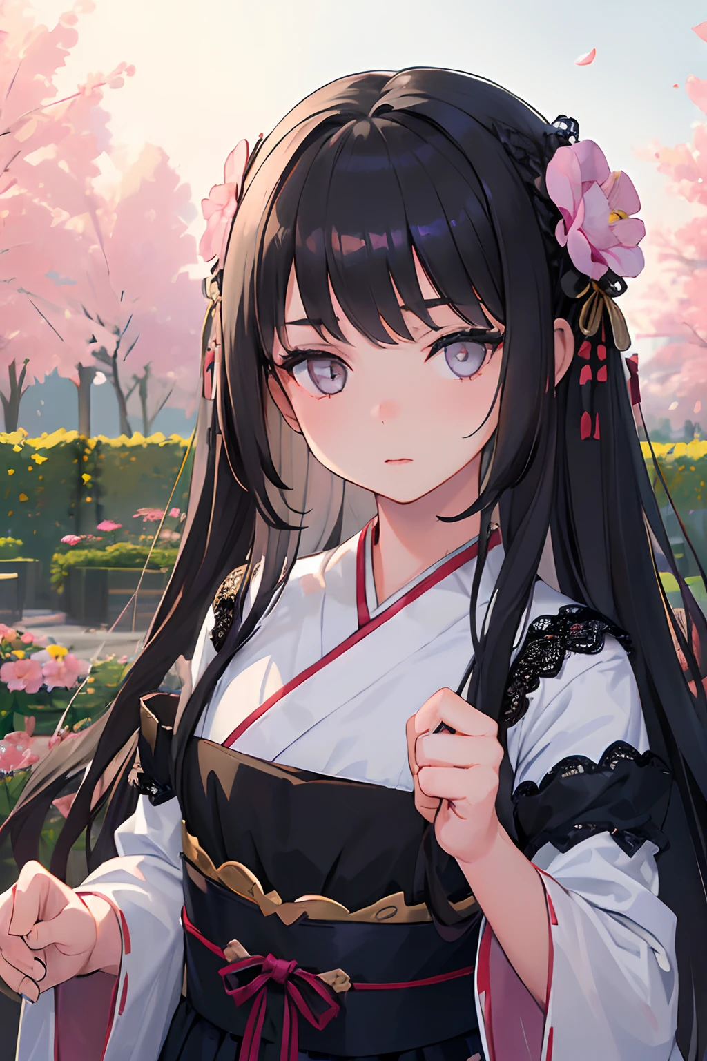 ( girl:1.5),lace,ribbon,hanfu, masterpiece, sidelighting, (finely detailed beautiful gray eyes: 1.2), masterpiece, realistic, glowing eyes,shiny hair,black hair,long long hair, lustrous skin, solo, embarassed,Strapless,exquisite,beautifly,garden,flowers,flying petals, detailed eyes