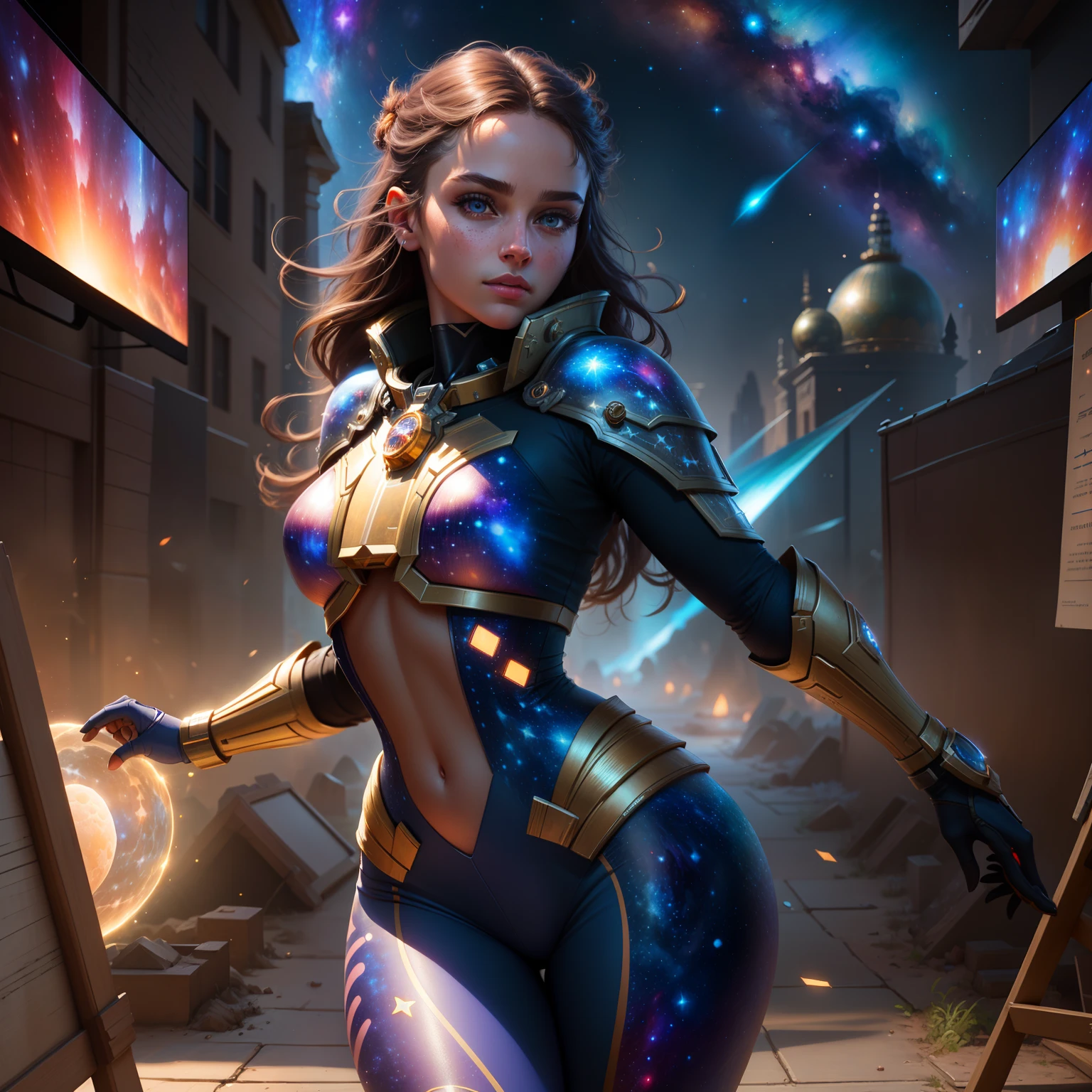 Highly detailed RAW color Photo, beautiful young girl, dynamic pose, (wide hips), (detailed skin), (detailed lips), (detailed eyes), (cosmic:1.4), (necropolis:1.1), (Sci-Fi setting) (detailed face), (curvy), detailed eyes, chromatic aberration, depth of field, soft lighting, masterpiece, best quality, intricate, (lens flare:0.7), (bloom:0.7), particle effects, raytracing, tone mapped, highly detailed, concept art, smooth, sharp focus, dramatic lighting, highly detailed artwork, cinematic, hyper realistic painting, trending on Artstation, 8K, incredible shadows, realistic, (highly detailed background:1.2), art by midjourney