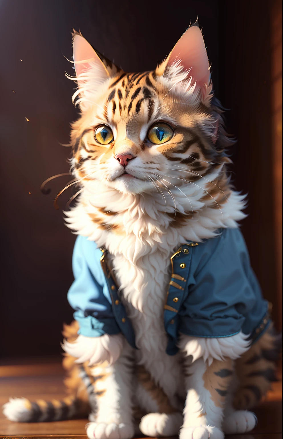 ((a cat in clothes)),，full shot，fluffy hair, anthropomorphic expressions, rich colors, exquisite details, masterpiece, realistic，artsation, cg, realistic, Unreal Engine , real light and shadow, beautiful rich colors, amazing details, high quality，a pair of ears