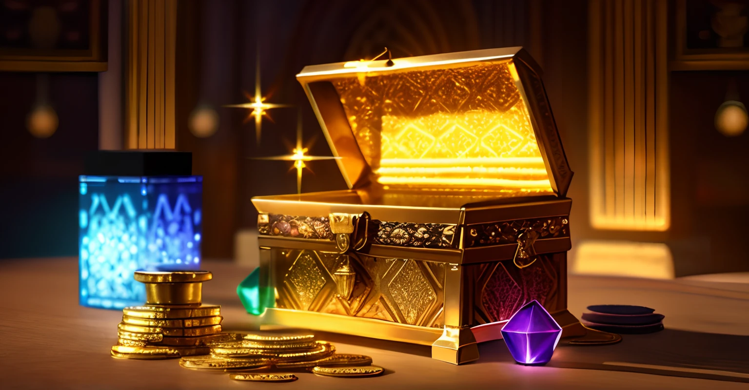 a treasure chest is featured in this banner. The chest is made of gold and adorned with intricate details that glow and sparkle in the mystical neon lighting，The chest is shown in the process of opening, revealing piles of glittering jewels and gold coins inside，The background features a fantastical game world with magical purple and blue hues, and is rendered using 3D modeling to add depth and richness to the overall composition. elegant,fantasy, global illumination, backlighting,bloom, ((cold light)), sharp focus, photo realistic, background out of focus, cinematic composition , ultra-detailed, realistic , hyper-realistic , volumetric lighting, 8k, trending on artstation