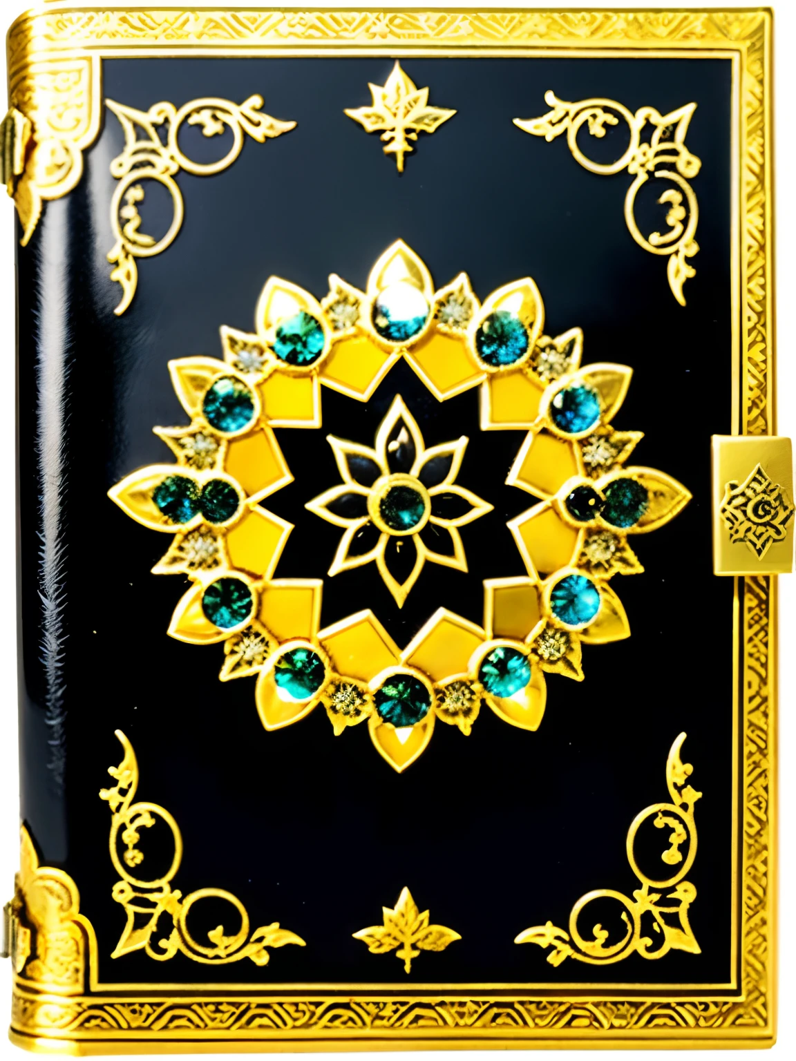 A magnificent spellbook with a cover adorned with an embedded yellow gemstone that glows and shimmers in the warm and flickering candlelight of a mystical library. The leather-bound book features gold-leaf pages, adding to its enchantment. Created in a fantasy or gothic style, inspired by master storytellers like J.K. Rowling or George R.R. Martin, this grimoire is the epitome of magical elegance. The radiant yellow gemstone on the cover is believed to enhance the magic contained within the pages of the book. The overall quality of the piece is of the highest caliber, exhibiting excellent craftsmanship and attention to detail.