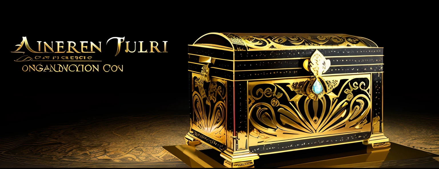an eye-catching treasure chest banner overflowing with glittering treasures. The scene is set in a dark and atmospheric treasure vault environment, with bright and dramatic lighting illuminating the riches in the background. The treasure chest is intricately detailed with precious metals, gemstones, and other valuable items, creating a dazzling effect. The style is art nouveau, with flowing lines and organic shapes. The color scheme is rich tones with metallic accents, adding to the opulence and extravagance of the design. The design is created using 3D modelling software, ensuring high definition and precision.