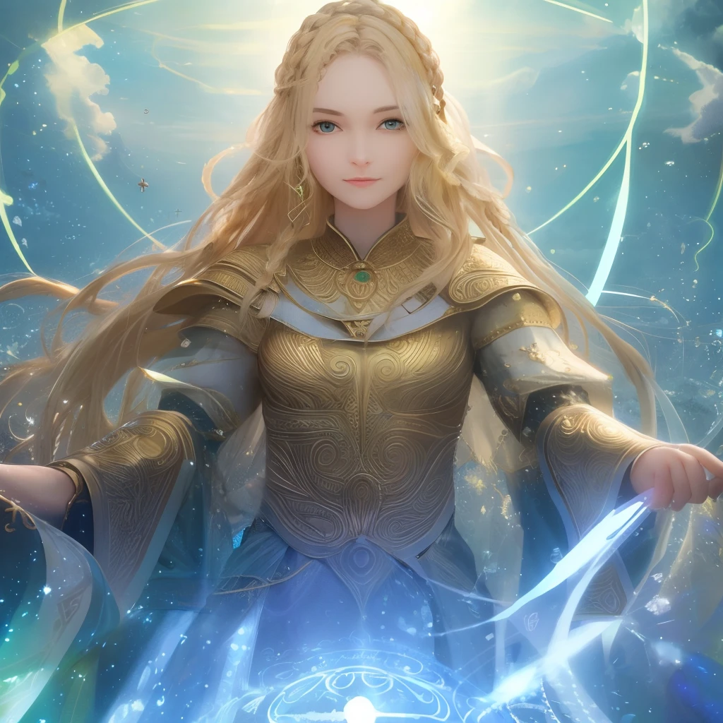 best quality, masterpiece, upper body,
(adult:1.6) ukrainian woman, (smirk:0.4),
braided blonde hair,
emerald eyes,
medieval sundress,
floating light particles, centered,