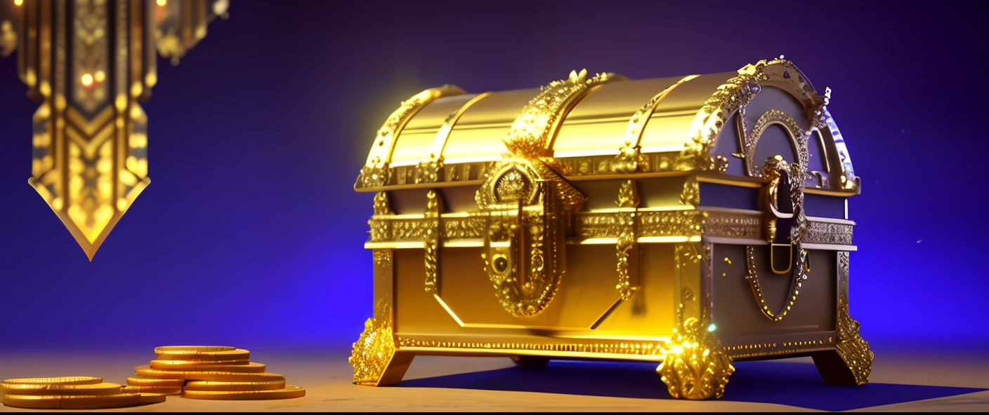 A dazzling digital painting of a treasure chest is featured in this banner. The treasure chest is made of gold and adorned with intricate details that glow and sparkle in the mystical neon lighting,The treasure chest is shown in the process of opening, revealing piles of glittering jewels and gold coins inside,The scene is set in a dark and atmospheric treasure vault environment, with bright and dramatic lighting illuminating the riches in the background,The color scheme is rich tones with metallic accents, adding to the opulence and extravagance of the design,elegant,fantasy, global illumination, backlighting,bloom, ((cold light)), sharp focus, photo realistic, background out of focus, cinematic composition , ultra-detailed, realistic , hyper-realistic , volumetric lighting, 8k, trending on artstation