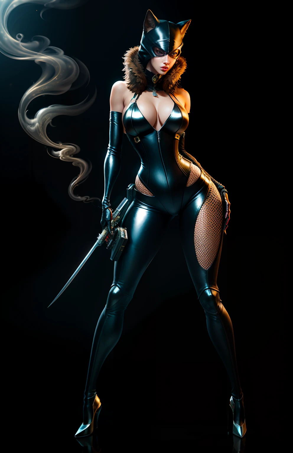Masterpiece, ((ultradadetailed)), ((Animal anthropomorphism)), ninja theme, , female, seductive, skintight leather (Conservative: 1.1), shiny stilettos, underworld dealing, spinning blades in hand, dim lights, smoke , shadows, corrupted cityscape, highest quality, single focus, curvaceous woman, full body, intricate (high detail: 1.1) Unreal Engine