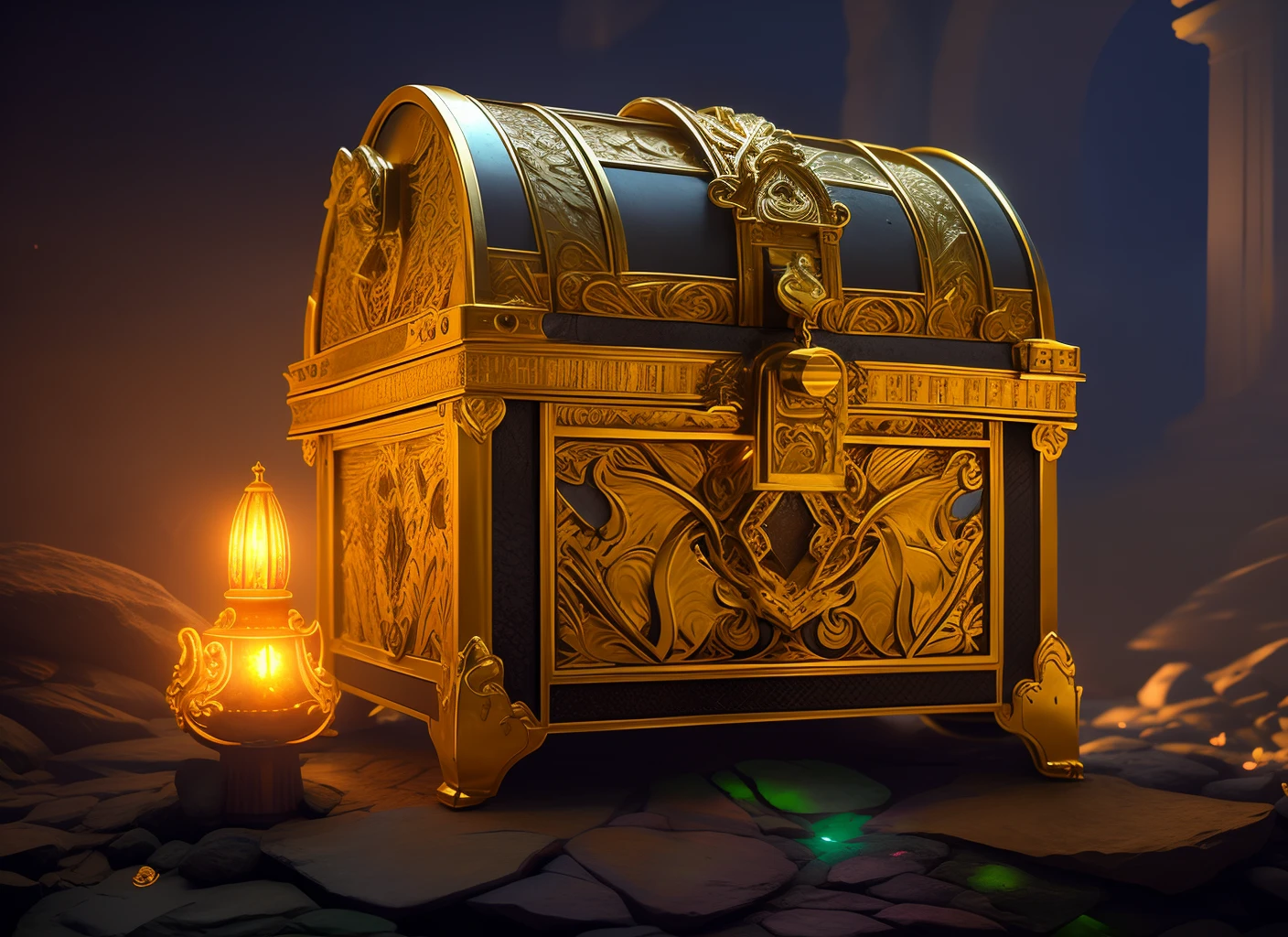 1 treasure chest is featured in this banner,The treasure chest is made of gold and adorned that glow and sparkle in the mystical neon lighting,The treasure chest is shown in the process of opening, revealing piles of glittering jewels and gold coins inside,The scene is set in a dark and atmospheric treasure vault environment, with bright and dramatic lighting illuminating the riches in the background,elegant,fantasy, global illumination, backlighting,bloom, ((cold light)), sharp focus, photo realistic, background out of focus, cinematic composition , ultra-detailed, realistic , hyper-realistic , volumetric lighting, 8k, trending on artstation
