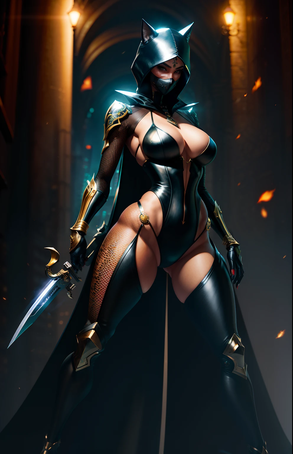 Masterpiece, ((ultradadetailed)), ((Animal anthropomorphism)), ninja theme, , female, seductive, skintight leather (Conservative: 1.1), shiny stilettos, underworld dealing, spinning blades in hand, dim lights, smoke , shadows, corrupted cityscape, highest quality, single focus, curvaceous woman, full body, intricate (high detail: 1.1) Unreal Engine