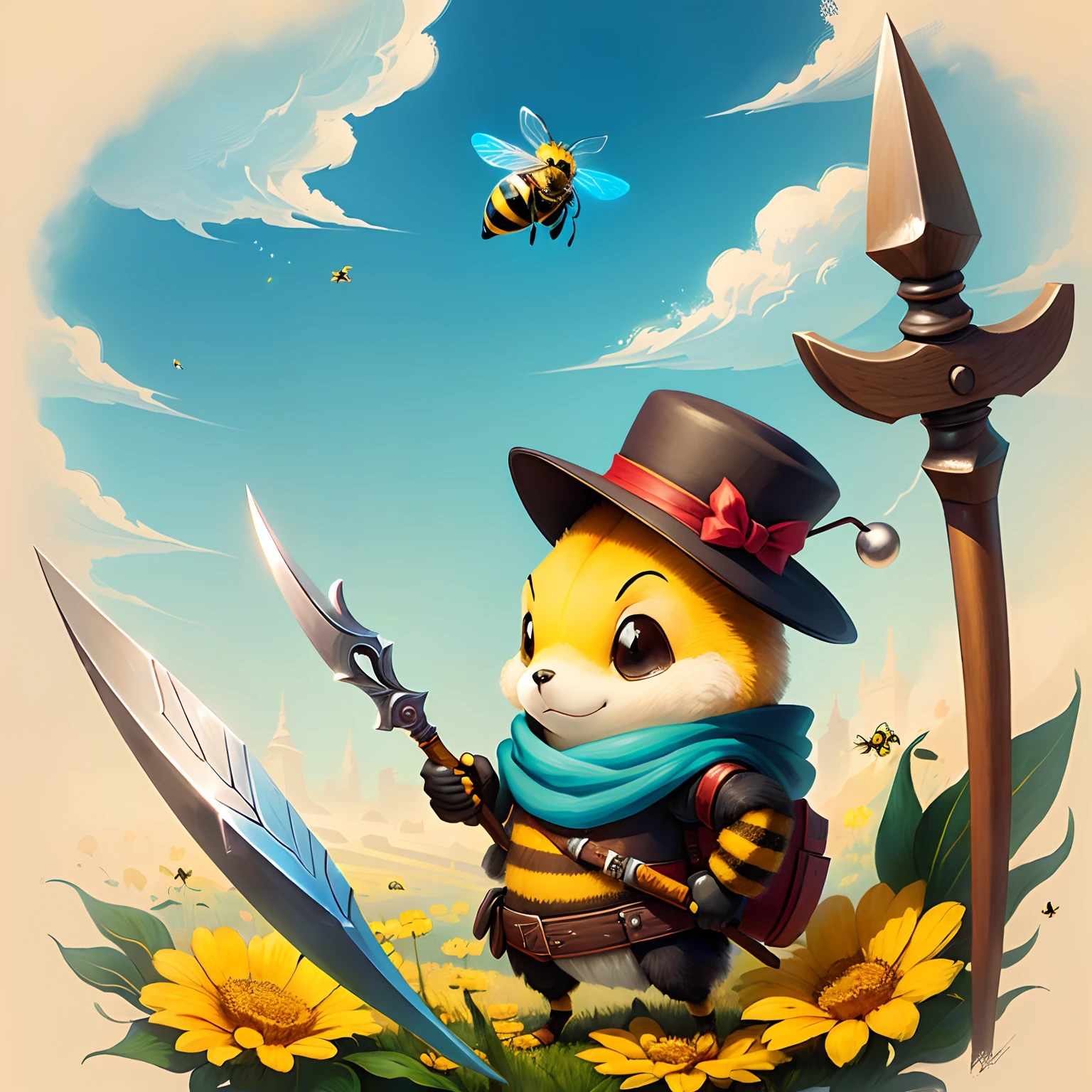 A lovely bee, the game's original painting setting, cartoon style, small hat, holding a weapon