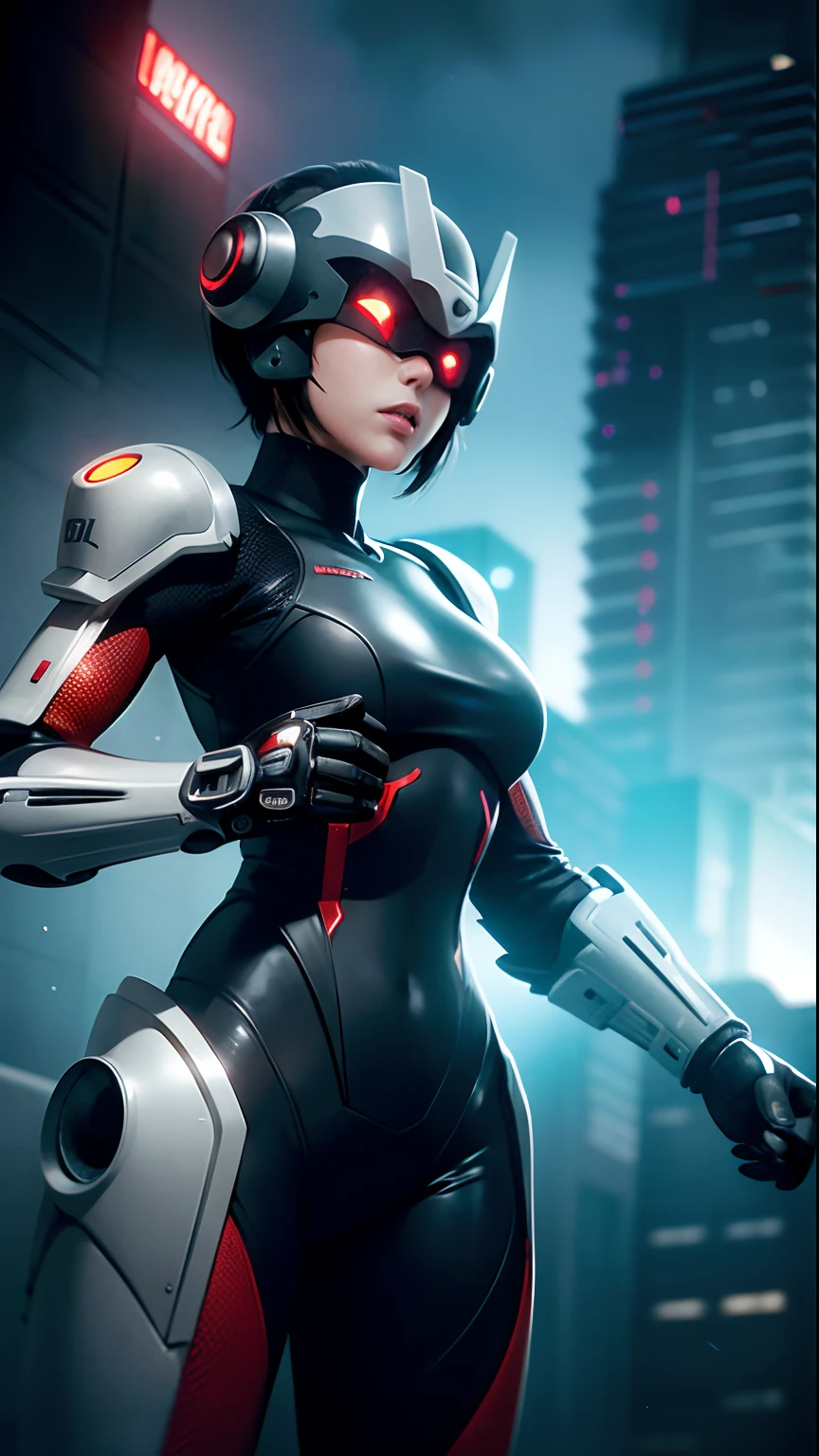 1girl, athletic, (Mechanical Suit:1.2),ninja assasin, wearing mouth mask,holding gun, dynamic pose, covered in blood, (detailed background), military base,(Futuristic City), (War:1.2), ((Robots)), (Explosions:1.1), (Smoke:1.2), (lens distortion:0,7), (chromatic aberration:0.7), (fim grain:0.7), intricate, unreal engine 5, volumetric lighting, realistic, cinematic, 4k, cinematic lighting, depth of field, masterpiece, perfect, hyper-detailed, hard lighting, intricate details, stop motion, hyperfocus, tonemapping, sharp focus, hyper detailed