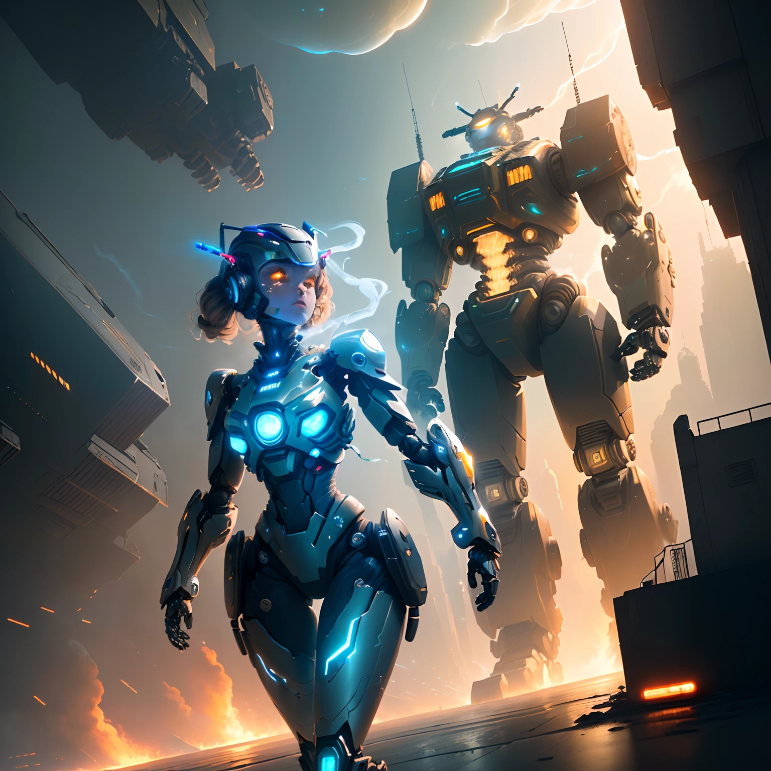 masterpiece, best quality, (extremely detailed CG unity 8k wallpaper), (best quality), (best illustration), (best shadow), absurdres, realistic lighting, (Abyss), beautiful detailed glow,(Mechanical Suit:1.2), ((Woman)), ((Futuristic City)), (AK Gun:1.1), (War:1.2), ((Robots)), (Explosions:1.1), (Smoke:1.2), (Action Pose:1.1), (Glowing Lights:1.1), (Worn Out Look:1.1), (High-Tech:1.1),