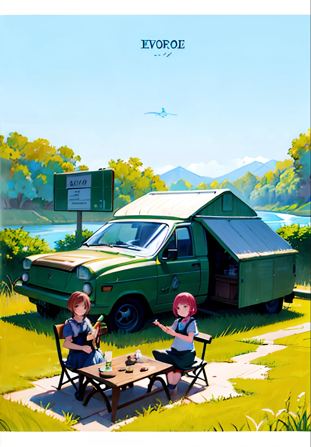 Musical Instruments，Music Element ，greensward，travel,camping,camping table,camping chairs,dog,blue sky,spring,(masterpiece:1.3), (the best quality:1.2), (super fine illustrations:1.2), (Masterpiece), high quality, high detail,dappled sunlight, god rays, (SOLO:1.4),((round image)), masterpiece, best quality, extremely detailed, detailed, art of light novel cover, [(white background:1.5)::5], [(game character portrait:1.5):5], [((europe):1.3):5], [((river):1.5):5], small town,car, willow, manhole cover, (2 girl), smile shyly