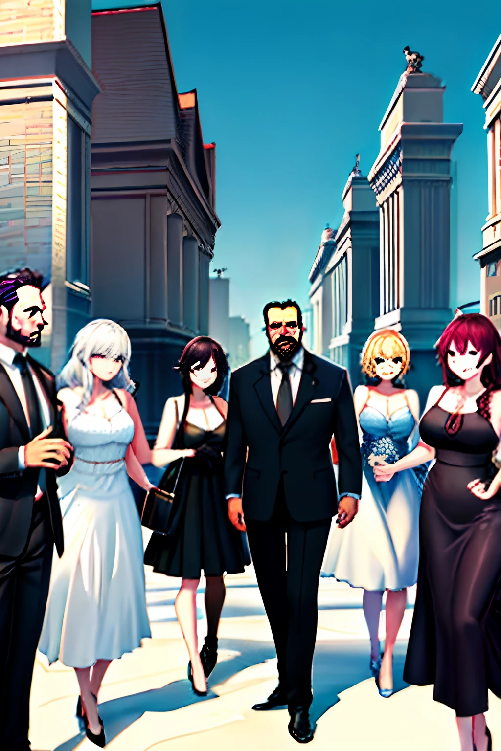 mafiacity,Black Gold Style,A middle-aged successful man,Surrounded by various types of beautiful women,Luxury architecture