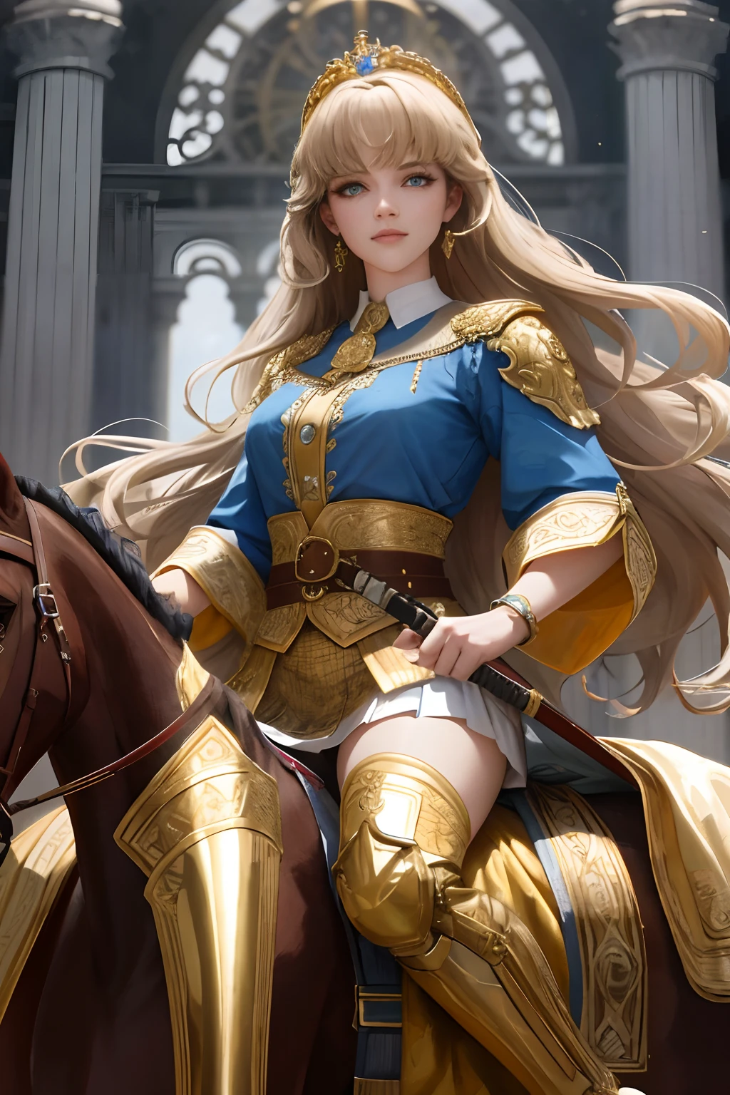 (Representative work: 1.2, best quality), realistic, (realistic, complex details, depth of field), 8k, best quality, representative work, high detail, semi realistic, 1 girl, young woman, 19 years old, golden long hair, bangs, right eye covered with hair, blue right eye, jewelry crown, palace style white and gold short skirts, golden iron boots, slim figure, sword wielding, horseback riding,