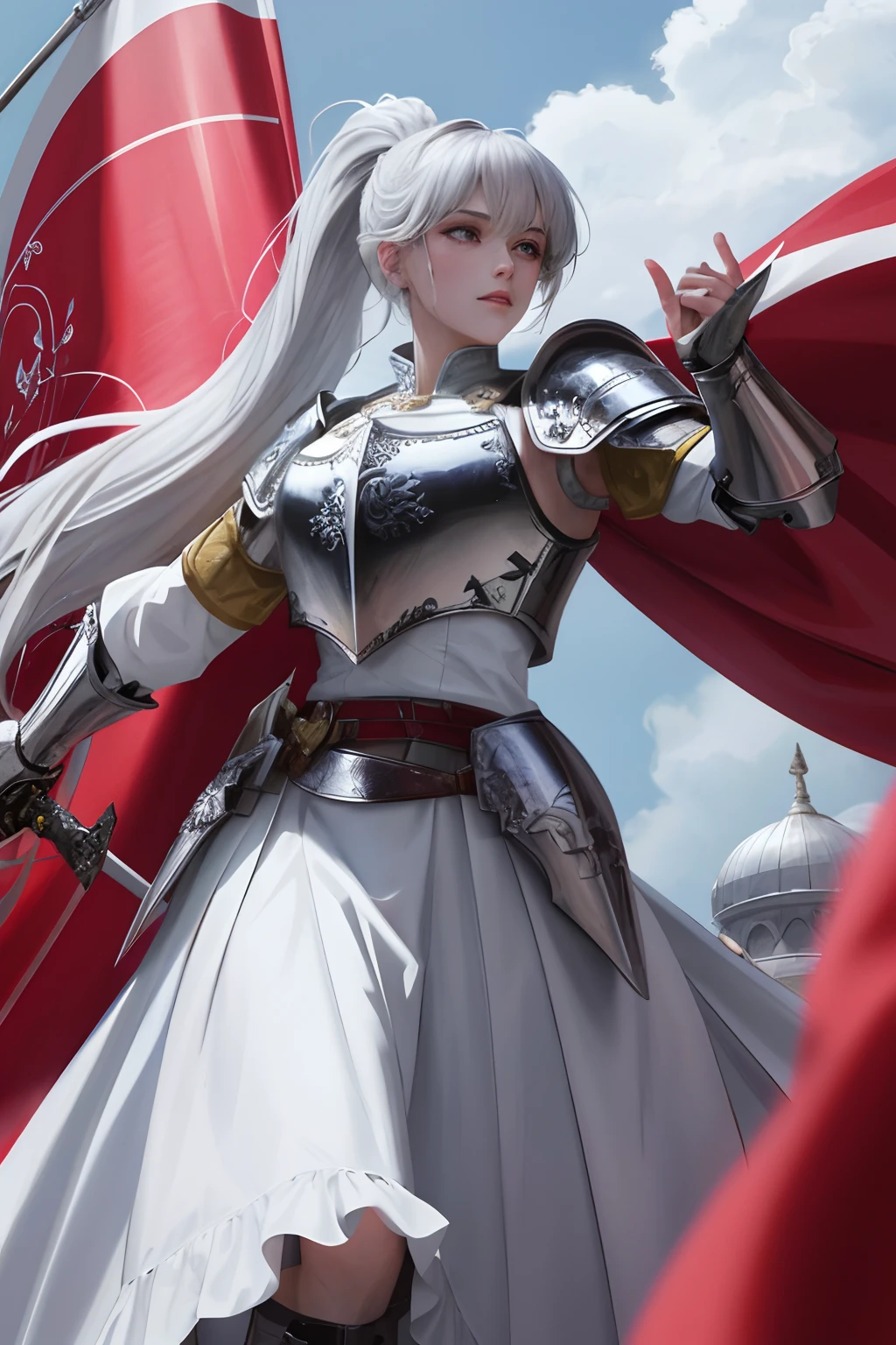8k, best quality, masterpiece, highly detailed, semi realistic, 1 girl, female, 20 years old, silver white long hair, high ponytail, bangs, red pupils, silver white armor, white fluffy skirt, silver iron boots, red white fluffy brimmed cloak, wielding sword, knight, coronation ceremony,War, flames, bloodstains,Lily, petal rain,banner