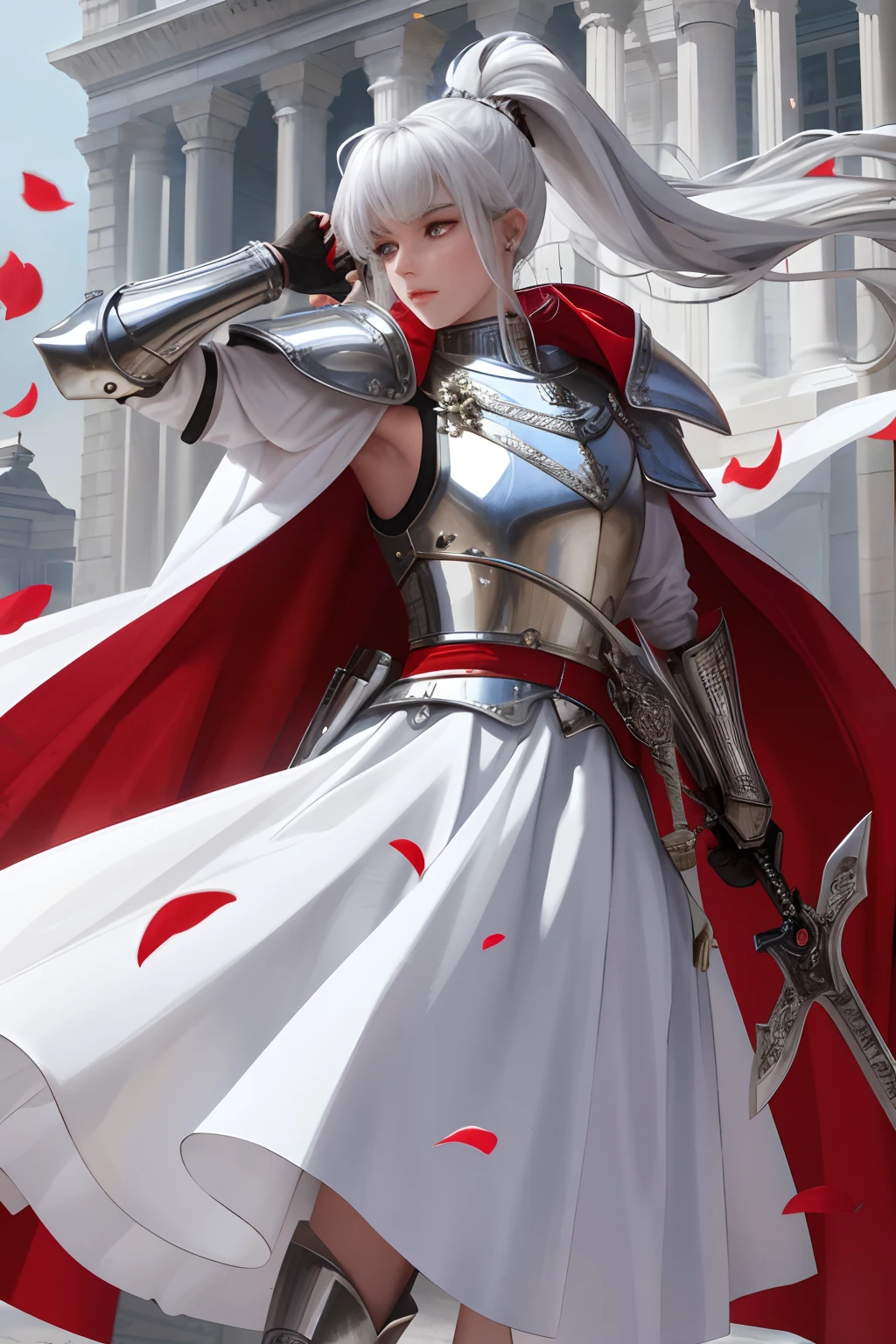 8k, best quality, masterpiece, highly detailed, semi realistic, 1 girl, mature female, 20 years old, silver white long hair, high ponytail, bangs, red pupils, silver white armor, white fluffy skirt, silver iron boots, red white fluffy brimmed cloak, wielding sword, knight, coronation ceremony,War, flames, bloodstains,Lily, petal rain,banner