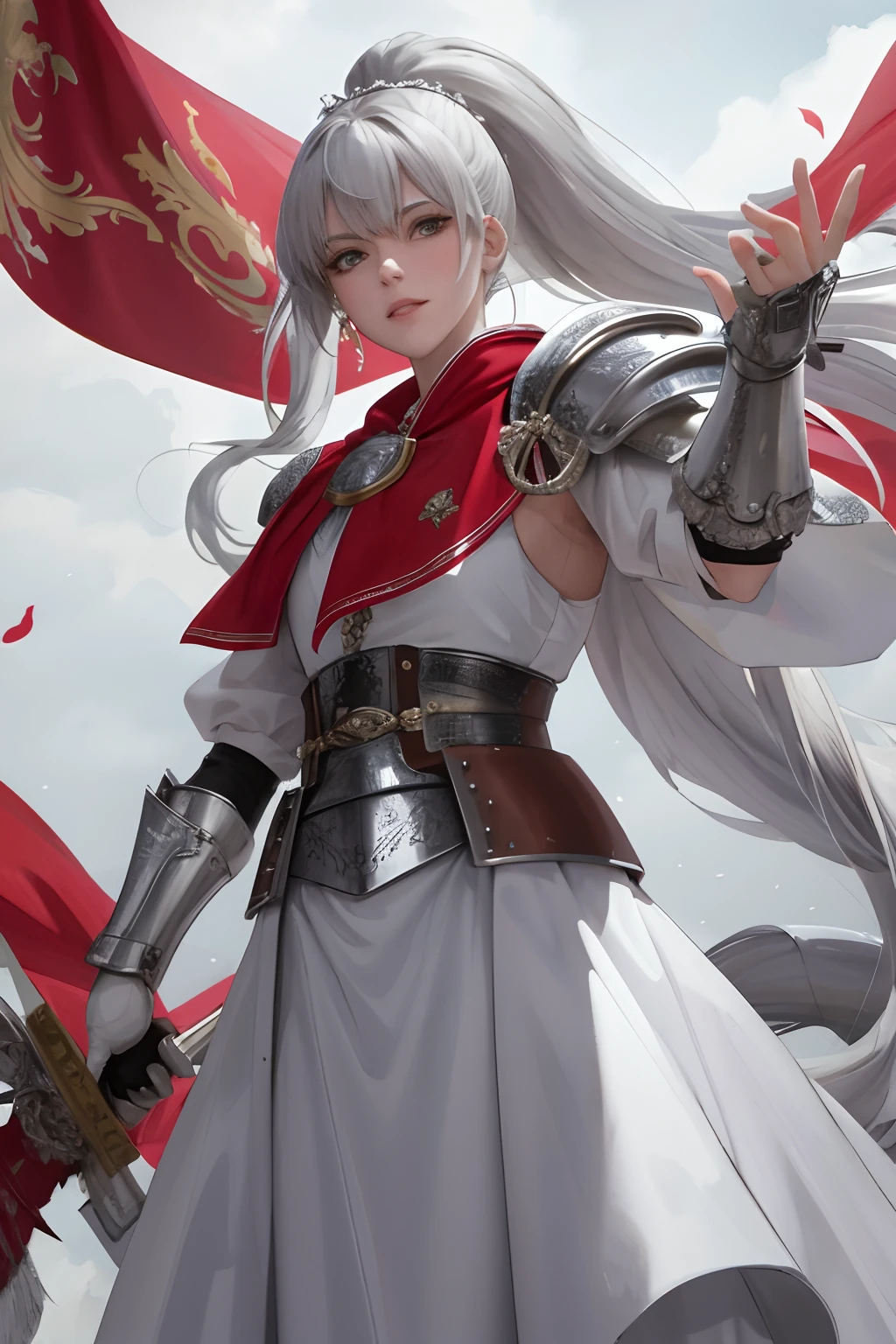 8k, best quality, masterpiece, highly detailed, semi realistic, 1 girl, mature female, 20 years old, silver white long hair, high ponytail, bangs, red pupils, silver white armor, white fluffy skirt, silver iron boots, red white fluffy brimmed cloak, wielding sword, knight, coronation ceremony,War, flames, bloodstains,Lily, petal rain,banner