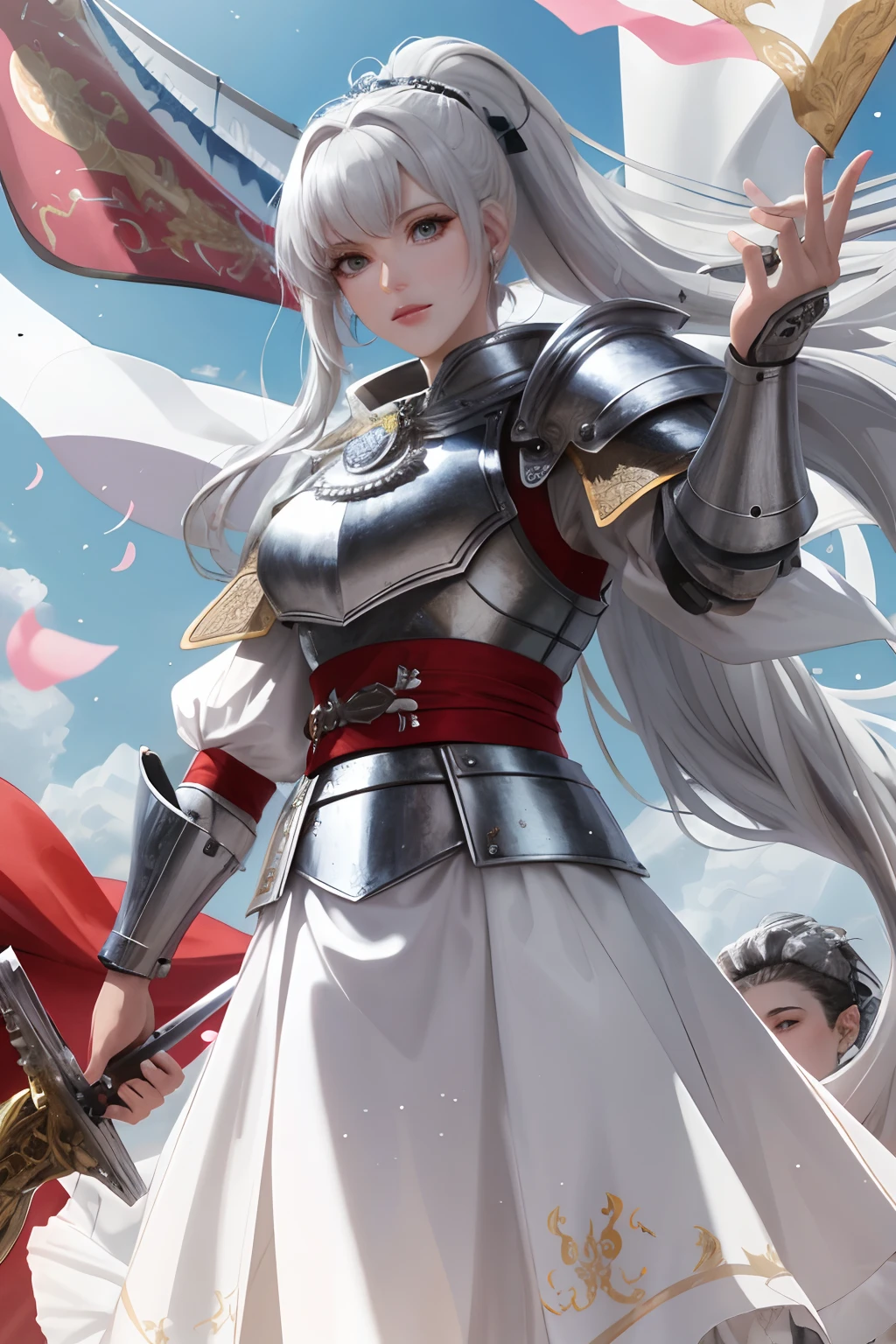 8k, best quality, masterpiece, highly detailed, semi realistic, 1 girl, mature female, 20 years old, silver white long hair, high ponytail, bangs, red pupils, silver white armor, white fluffy skirt, silver iron boots, red white fluffy brimmed cloak, wielding sword, knight, coronation ceremony，War, flames, bloodstains，Lily, petal rain，banner