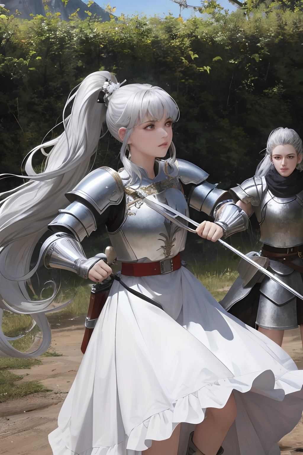 8k, best quality, masterpiece, highly detailed, semi realistic, 1 girl, mature female, , Young Girls,silver white long hair, high ponytail, bangs, red eyes, simple armor, white fluffy skirt, silver iron boots, crossbow, knight, training soldier, training camp, fighting