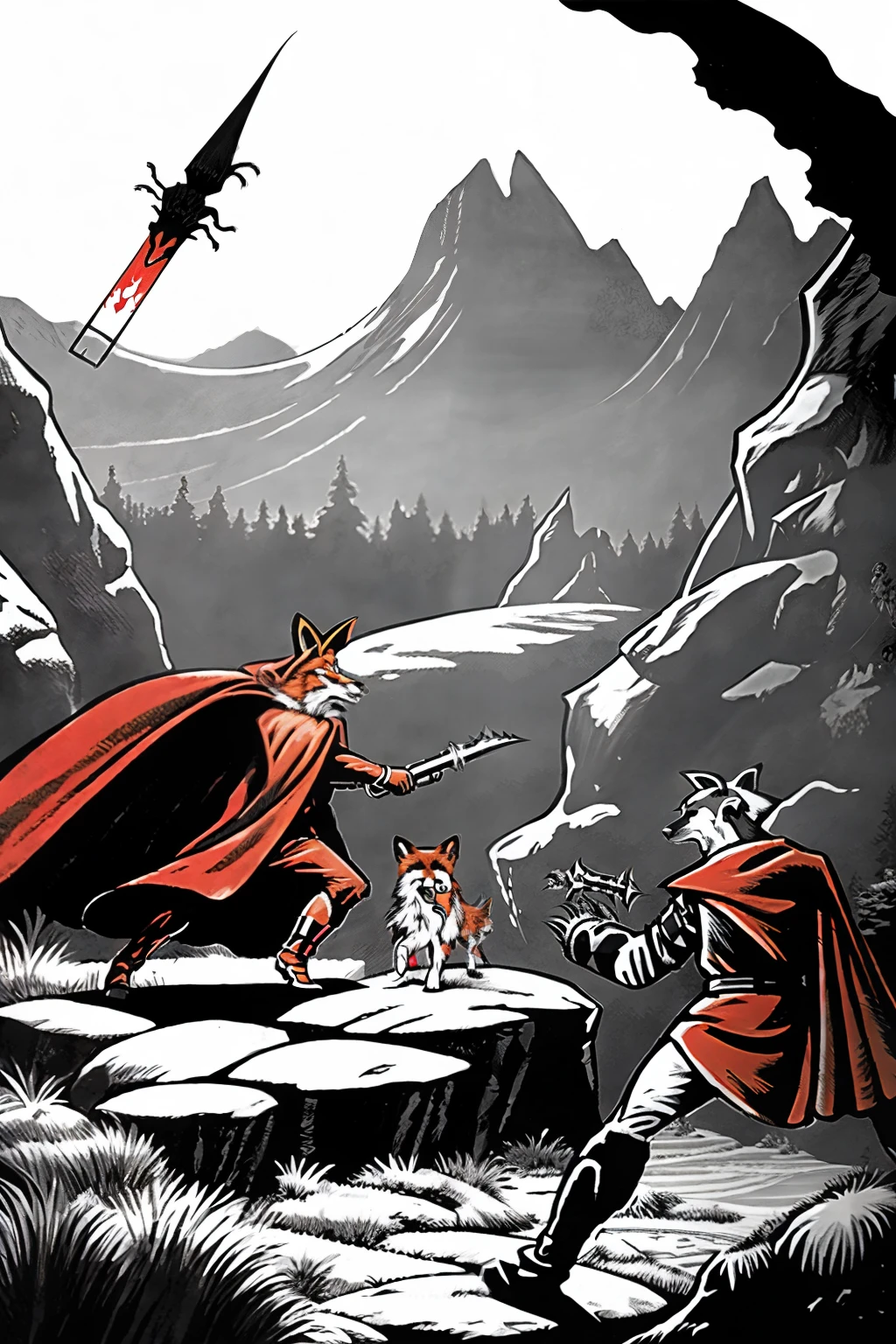 PBOldRifRPGStyle,a dog wearing a red cloak and holding a sword, a fox wearing a white cape and holding two swords, and many small monsters fighting in the distance, all in a chaotic battle in the wilderness