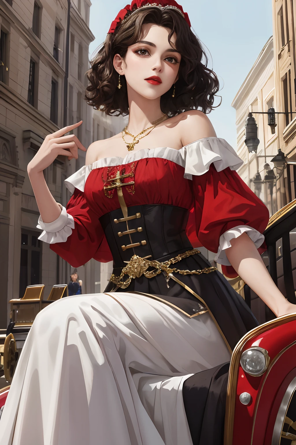 8k, best quality, masterpiece, highly detailed, semi realistic, a girl, young woman, 20 years old, dark brown short hair, curly hair, banks, dark purple eyes, red lips, gorgeous Rococo style court dress, strapless skirt, cross tie vest, bare shoulders, arm puffy sleeves, gold gem necklace, slim figure, silver crown, cold expression,Sitting on a carriage, red chairs, street background,Medieval streets