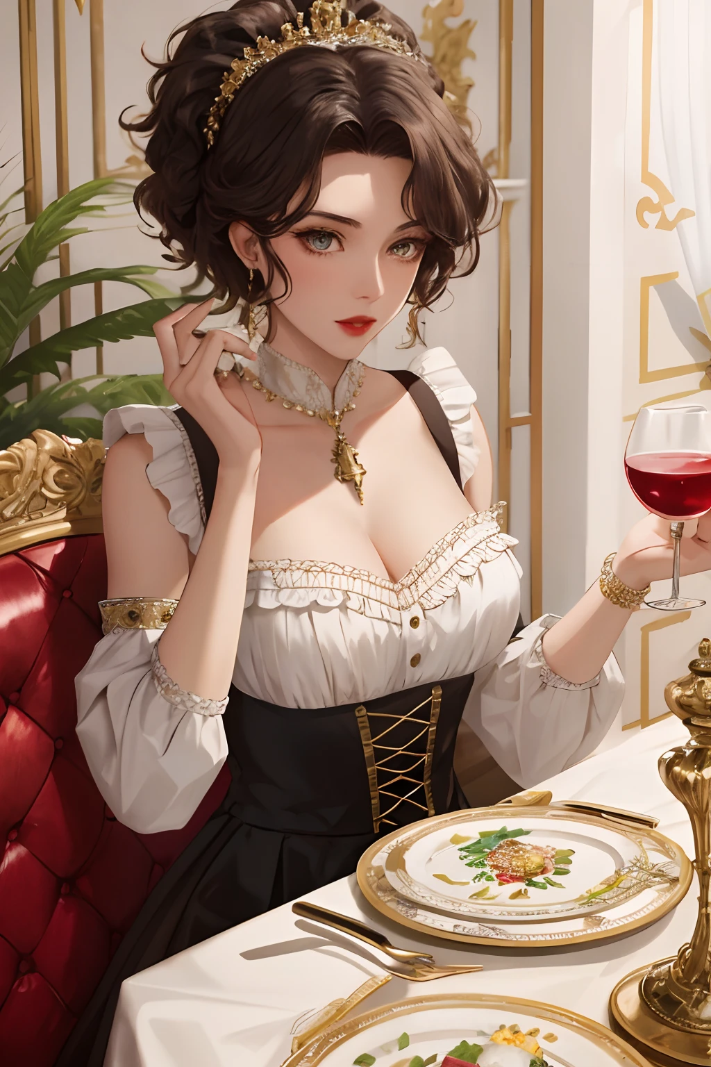 8k, the best quality, masterpiece, highly detailed, semi realistic, a girl, a young woman, 20 years old, dark brown short hair, curly hair, banks, dark purple eyes, red lips, gorgeous Rococo style court dress, strapless skirt, cross tie vest, bare shoulders, puffy arms sleeves, gold gem necklace, slim figure, silver crown, cold expression, palace, palace background, eating dinner, Dining table, candlestick, exquisite dishes