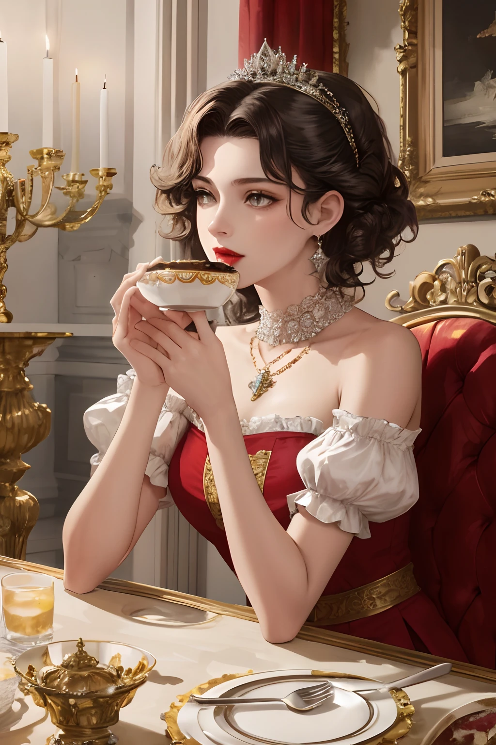 8k, the best quality, masterpiece, highly detailed, semi realistic, a girl, a young woman, 20 years old, dark brown short hair, curly hair, banks, dark purple eyes, red lips, gorgeous Rococo style court dress, strapless skirt, cross tie vest, bare shoulders, puffy arms sleeves, gold gem necklace, slim figure, silver crown, cold expression, palace, palace background, eating dinner, Dining table, candlestick, exquisite dishes