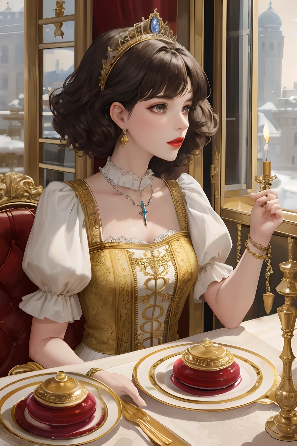 8k, the best quality, masterpiece, highly detailed, semi realistic, a girl, a young woman, 20 years old, dark brown short hair, curly hair, banks, dark purple eyes, red lips, gorgeous Rococo style court dress, strapless skirt, cross tie vest, bare shoulders, puffy arms sleeves, gold gem necklace, slim figure, silver crown, cold expression, palace, palace background, eating dinner, Dining table, candlestick, exquisite dishes