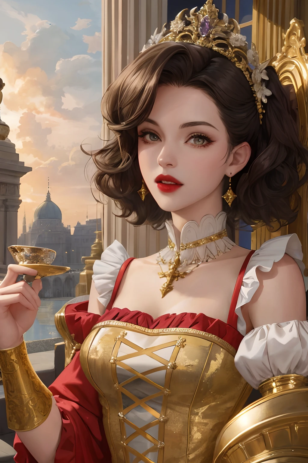 8k, the best quality, masterpiece, highly detailed, semi realistic, a girl, a young woman, 20 years old, dark brown short hair, curly hair, banks, dark purple eyes, red lips, gorgeous Rococo style court dress, strapless skirt, cross tie vest, bare shoulders, puffy arms sleeves, gold gem necklace, slim figure, silver crown, cold expression, palace, palace background, eating dinner, Dining table, candlestick, exquisite dishes