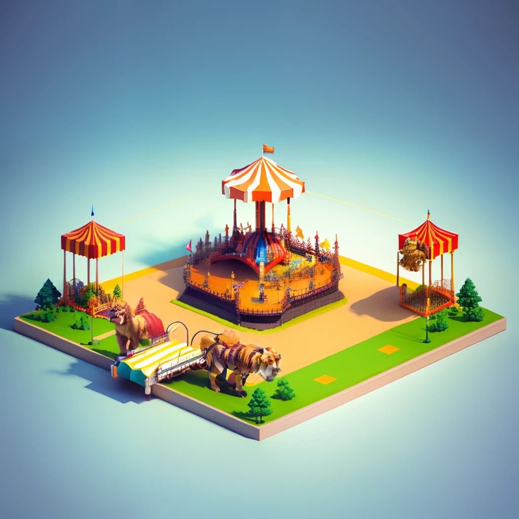 playground, circus, lion, tiger, monkey, Low poly model in game asset style, isometric, tilt-shift, 16 bit pixel art, mockup, fine glossy, white background, 3d render, oc render, best quality, 4k, ultra detailed