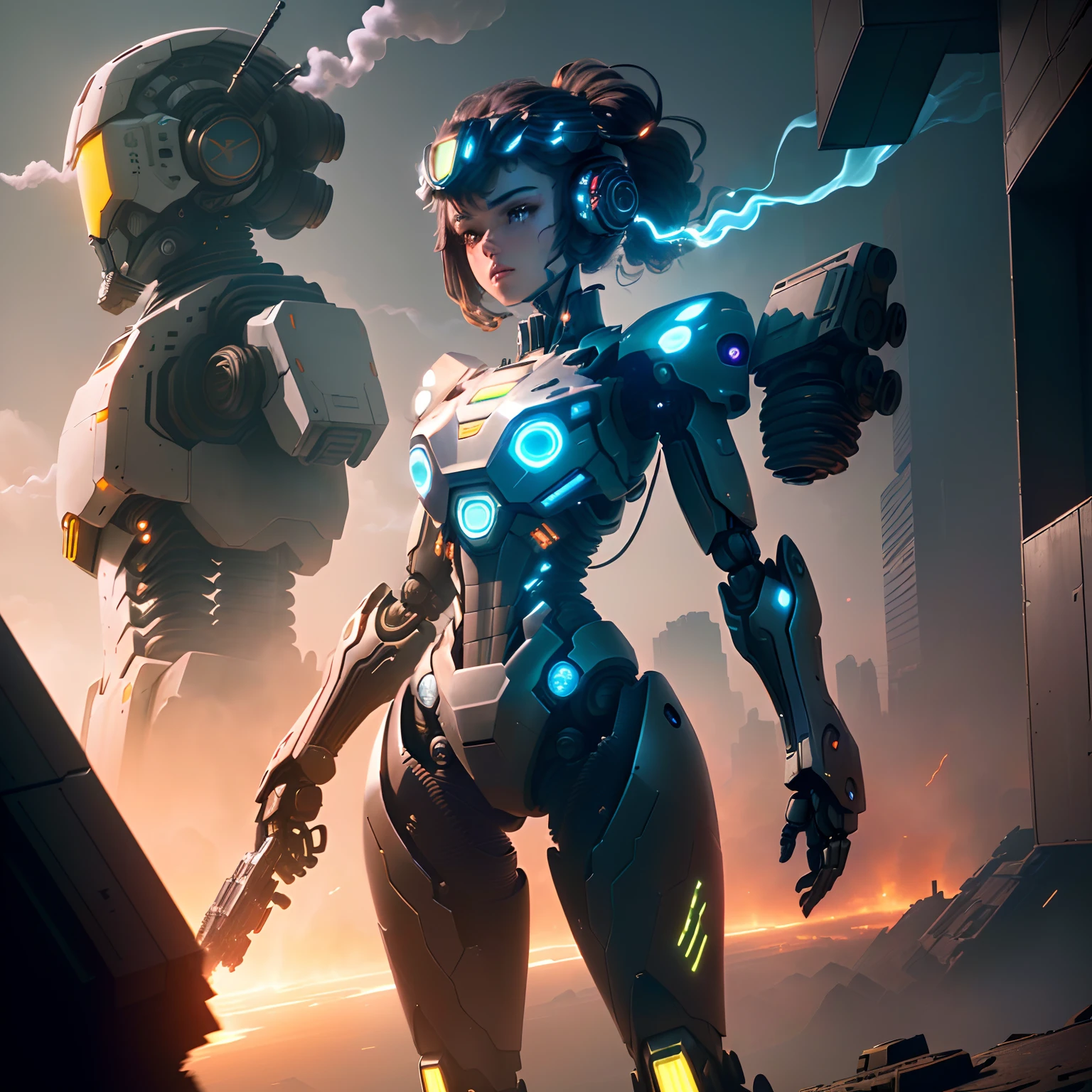 masterpiece, best quality, (extremely detailed CG unity 8k wallpaper), (best quality), (best illustration), (best shadow), absurdres, realistic lighting, (Abyss), beautiful detailed glow,(Mechanical Suit:1.2), ((Woman)), ((Futuristic City)), (AK Gun:1.1), (War:1.2), ((Robots)), (Explosions:1.1), (Smoke:1.2), (Action Pose:1.1), (Glowing Lights:1.1), (Worn Out Look:1.1), (High-Tech:1.1),