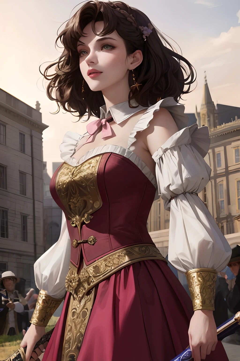 8k, the best quality, masterpiece, highly detailed, semi realistic, a girl, a young woman, 20 years old, dark brown short hair, curly hair, dark purple eyes, pale pink lips, Rococo style court clothes, armor, strapless skirt, short skirt, cross tie vest, bare shoulders, slim figure, cold expression, gorgeous spear, battle scenes, outdoor, medieval background
