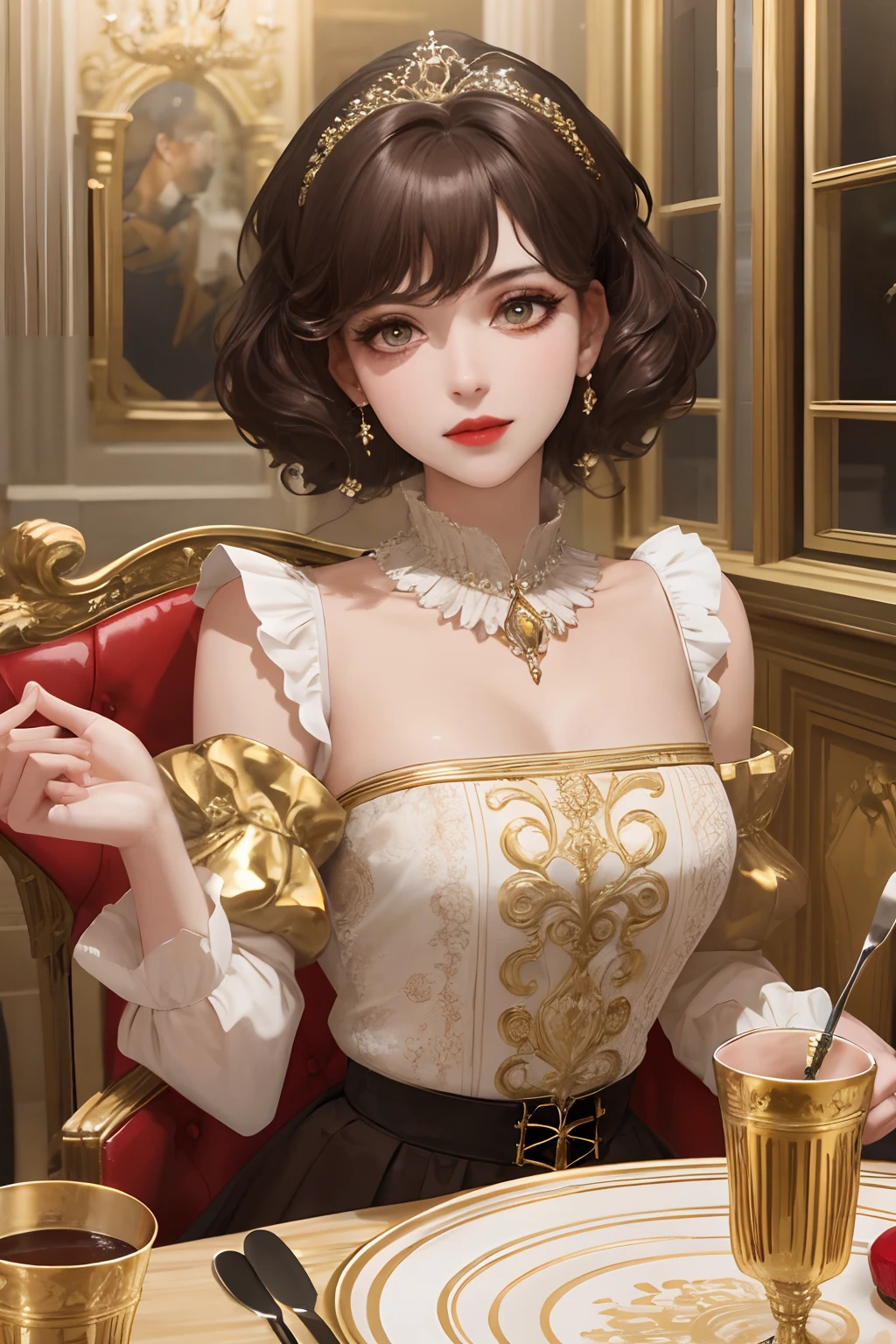 8k, the best quality, masterpiece, highly detailed, semi realistic, a girl, a young woman, 20 years old, dark brown short hair, curly hair, banks, dark purple eyes, red lips, gorgeous Rococo style court dress, strapless skirt, cross tie vest, bare shoulders, puffy arms sleeves, gold gem necklace, slim figure, silver crown, cold expression, palace, palace background, eating dinner, Dining table, candlestick, exquisite dishes