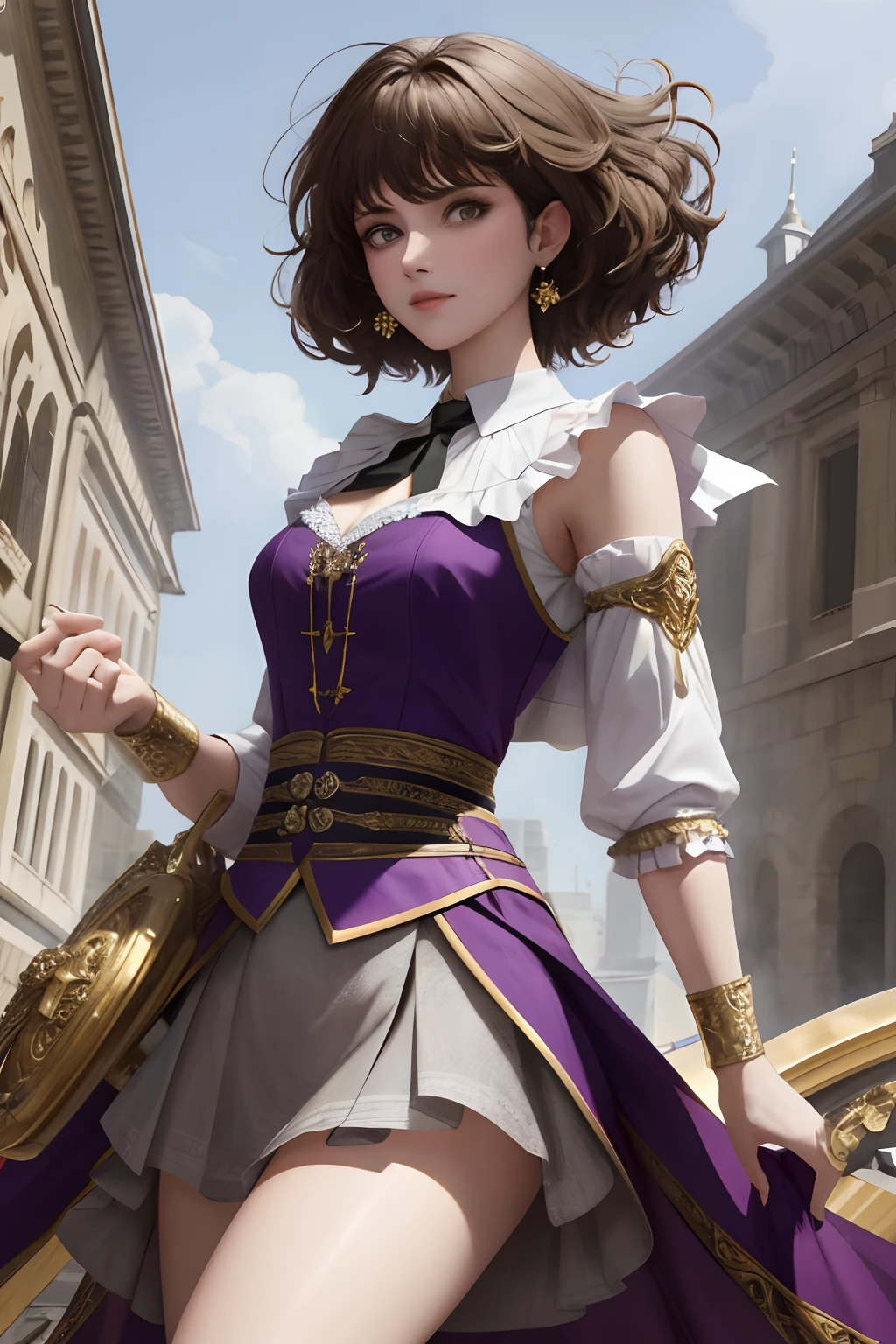 8k, the best quality, masterpiece, highly detailed, semi realistic, a girl, a girl, 20 years old, dark brown short hair, curly hair, banks, dark purple eyes, Rococo style court clothes, armor, strapless skirt, short skirt, cross tie vest, bare shoulders, slim figure, cold expression, gorgeous spear, battle scenes, outdoor, medieval background