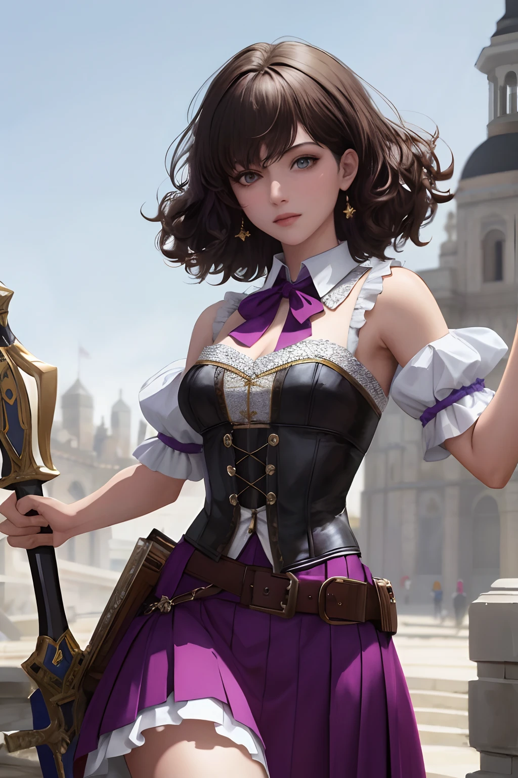 8k, the best quality, masterpiece, highly detailed, semi realistic, a girl, a girl, 20 years old, dark brown short hair, curly hair, banks, dark purple eyes, Rococo style court clothes, armor, strapless skirt, short skirt, cross tie vest, bare shoulders, slim figure, cold expression, gorgeous spear, battle scenes, outdoor, medieval background