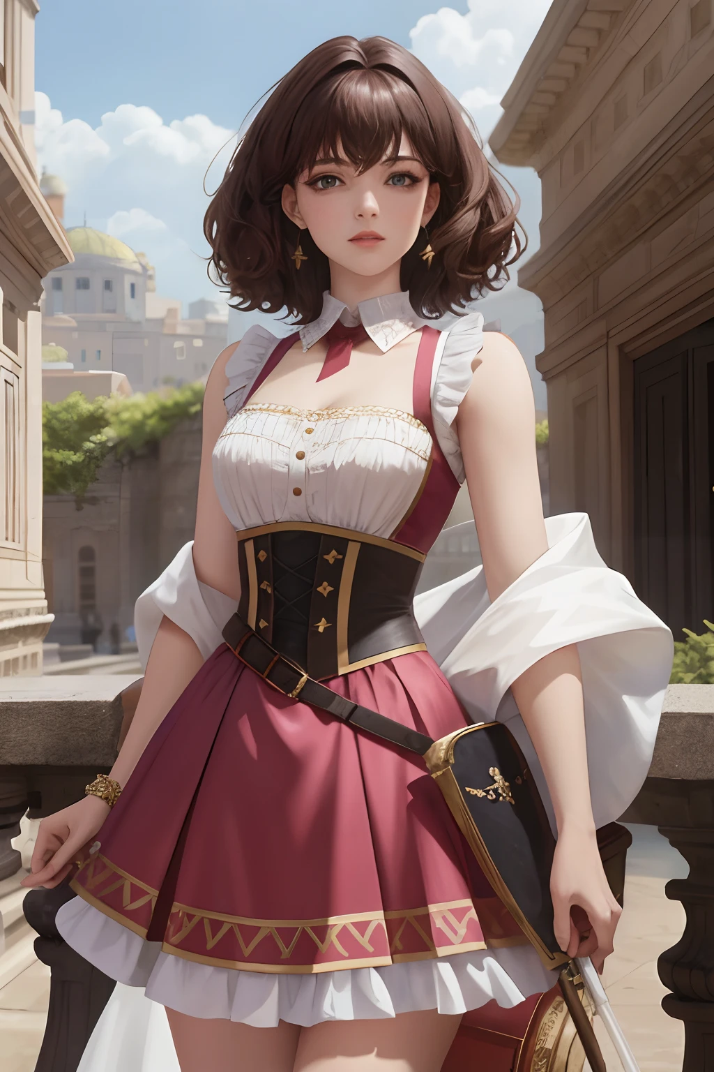 8k, the best quality, masterpiece, highly detailed, semi realistic, a girl, a young woman, 20 years old, dark brown short hair, curly hair, dark purple eyes, pale pink lips, Rococo style court clothes, armor, strapless skirt, short skirt, cross tie vest, bare shoulders, slim figure, cold expression, gorgeous spear, battle scenes, outdoor, medieval background