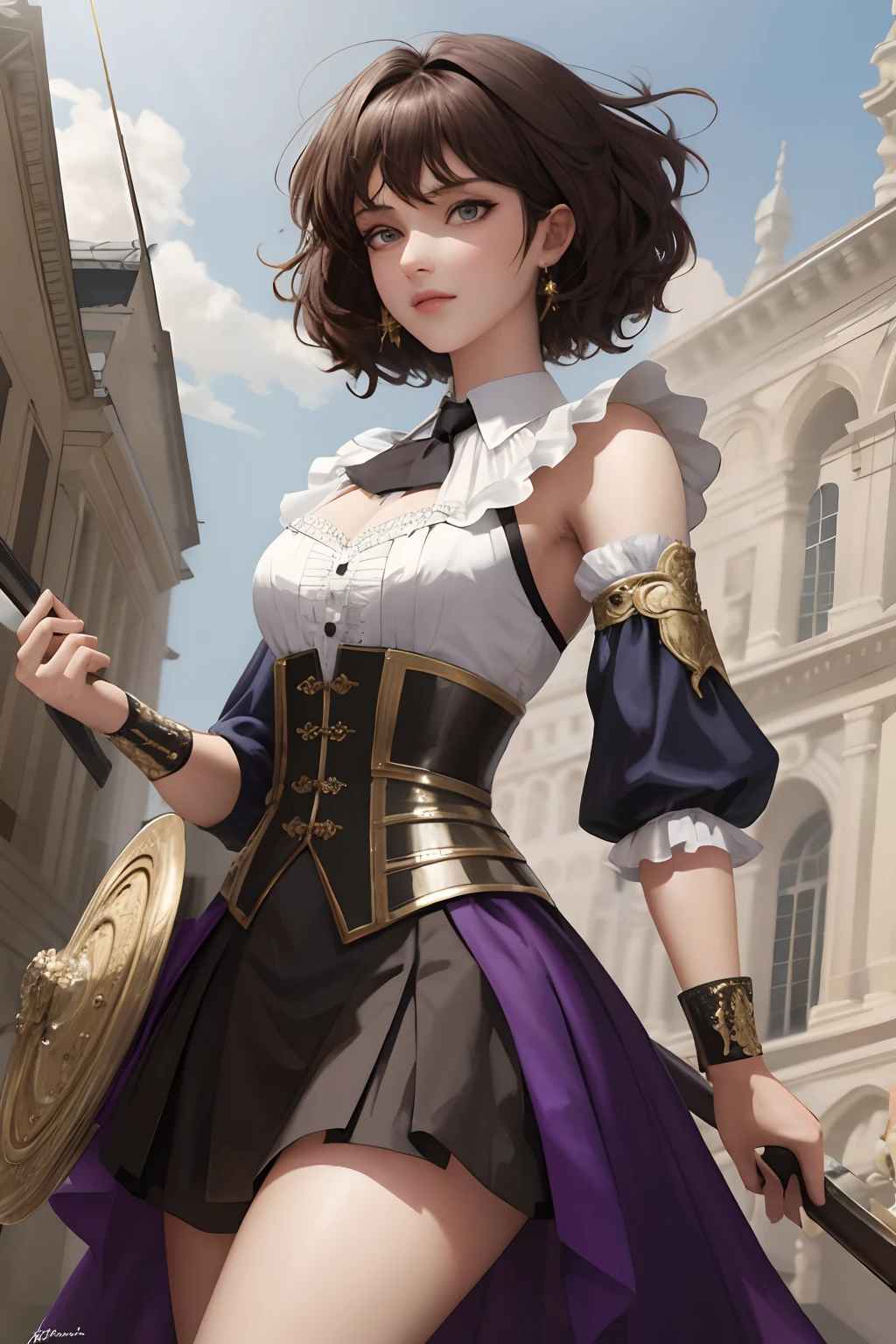 8k, the best quality, masterpiece, highly detailed, semi realistic, a girl, a girl, 20 years old, dark brown short hair, curly hair, banks, dark purple eyes, Rococo style court clothes, armor, strapless skirt, short skirt, cross tie vest, bare shoulders, slim figure, cold expression, gorgeous spear, battle scenes, outdoor, medieval background