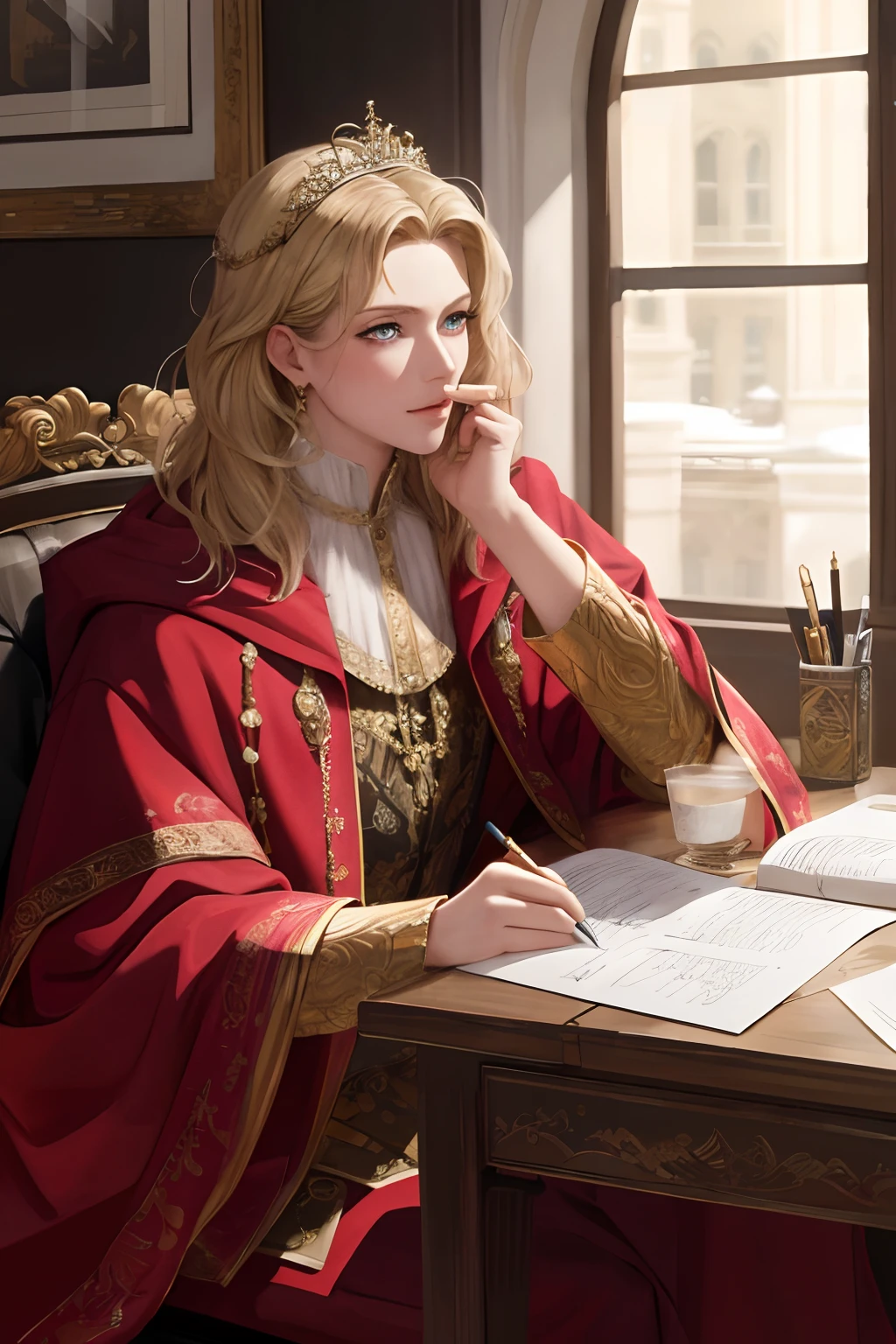 (Masterpiece: 1.2, Best Quality), Realistic, (Realistic Picture, Complex Details, Depth of Field), Best Quality, Masterpiece, Highly Detailed, Semi Realistic, 1 Girl, Mature Female, 21 Years Old, Blond Short Hair, Left Eye Covered with Hair, Blue Eyes, King's Clothes, Red Cloak, Slim Figure, Crown Made of Precious Gold, Reading and Marking Documents, Goose Hair Pen, Office Table, Soft Bench