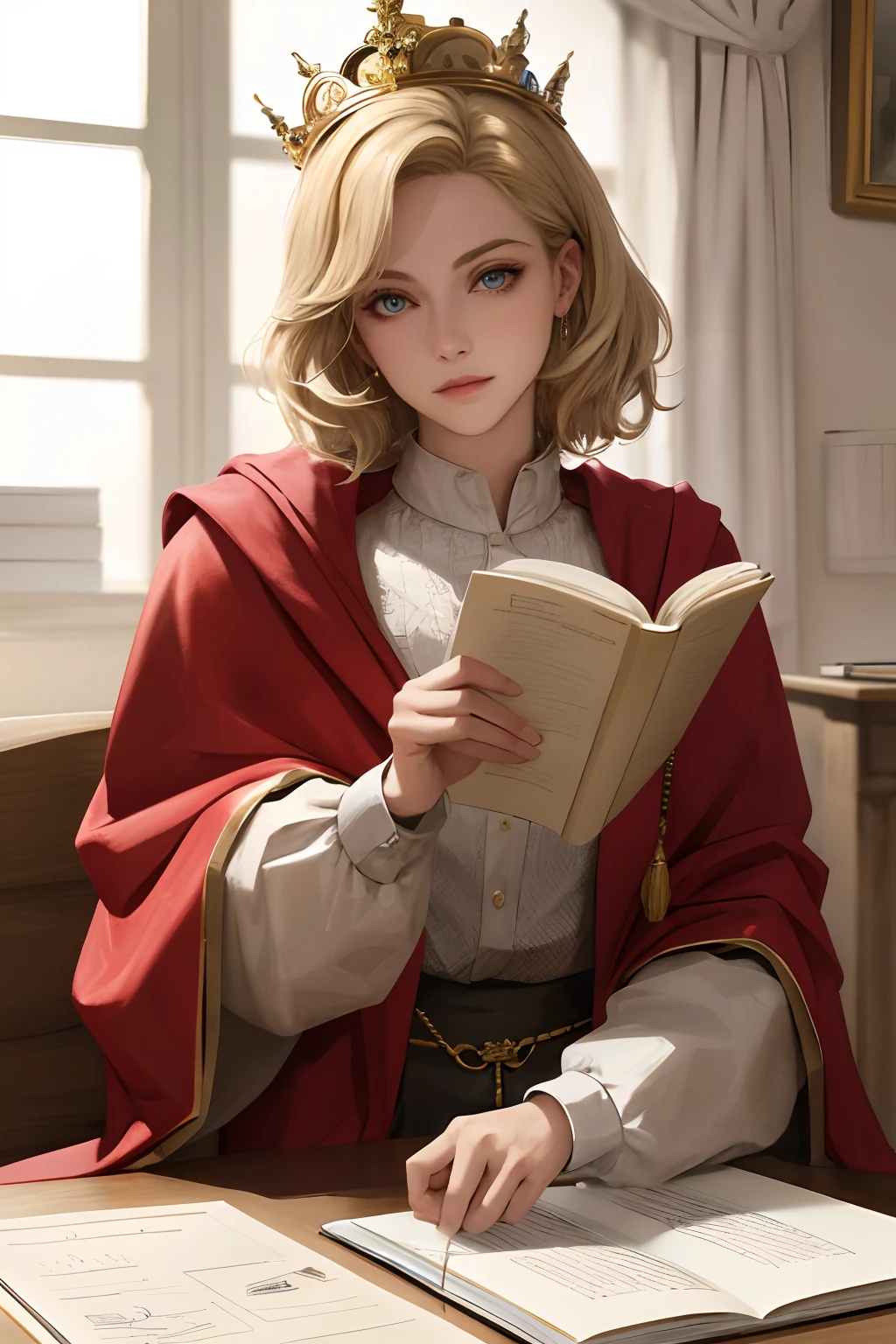 (Masterpiece: 1.2, Best Quality), Realistic, (Realistic Picture, Complex Details, Depth of Field), Best Quality, Masterpiece, Highly Detailed, Semi Realistic, 1 Girl, Mature Female, 21 Years Old, Blond Short Hair, Left Eye Covered with Hair, Blue Eyes, King's Clothes, Red Cloak, Slim Figure, Crown Made of Precious Gold, Reading and Marking Documents, Goose Hair Pen, Office Table, Soft Bench