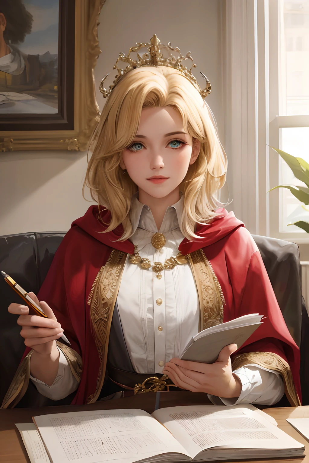 (Masterpiece: 1.2, Best Quality), Realistic, (Realistic Picture, Complex Details, Depth of Field), Best Quality, Masterpiece, Highly Detailed, Semi Realistic, 1 Girl, Mature Female, 21 Years Old, Blond Hair, Shoulder length Short Hair, Left Eye Covered with Hair, Blue Eyes, King's Clothes, Red Cloak, Slim Figure, Crown Made of Precious Gold, Reading and Marking Documents, Goose Hair Pen, Office Table, Soft Bench