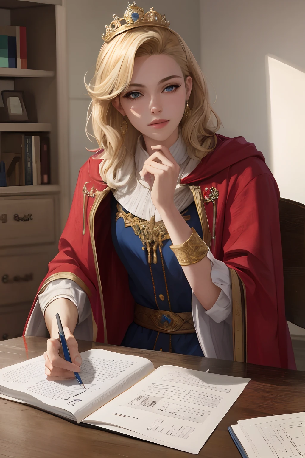 (Masterpiece: 1.2, Best Quality), Realistic, (Realistic Picture, Complex Details, Depth of Field), Best Quality, Masterpiece, Highly Detailed, Semi Realistic, 1 Girl, Mature Female, 21 Years Old, Blond Hair, Shoulder length Short Hair, Left Eye Covered with Hair, Blue Eyes, King's Clothes, Red Cloak, Slim Figure, Crown Made of Precious Gold, Reading and Marking Documents, Goose Hair Pen, Office Table, Soft Bench