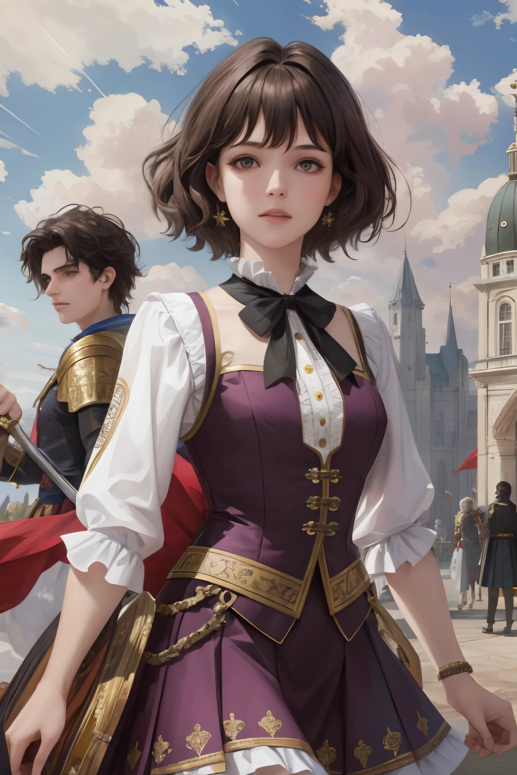 8k, the best quality, masterpiece, highly detailed, semi realistic, a girl, a girl, 20 years old, dark brown short hair, curly hair, banks, dark purple eyes, Rococo style court clothes, armor, strapless skirt, short skirt, cross tie vest, bare shoulders, slim figure, cold expression, gorgeous spear, battle scenes, outdoor, medieval background