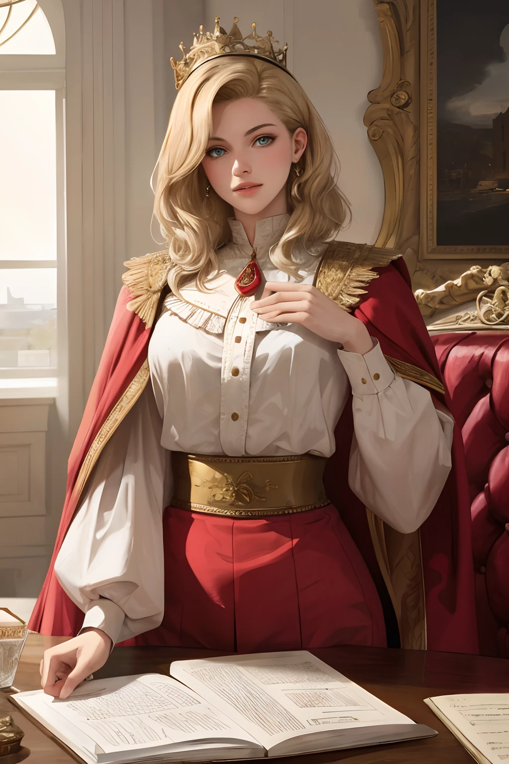 (Masterpiece: 1.2, Best Quality), Realistic, (Realistic Picture, Complex Details, Depth of Field), Best Quality, Masterpiece, Highly Detailed, Semi Realistic, 1 Girl, Mature Female, 21 Years Old, Blond Hair, Shoulder length Short Hair, Left Eye Covered with Hair, Blue Eyes, King's Clothes, Red Cloak, Slim Figure, Crown Made of Precious Gold, Reading Documents, Marking Documents, Goose Hair Pen, Office Table, Soft Bench, Palace, In the palace, during the Middle Ages