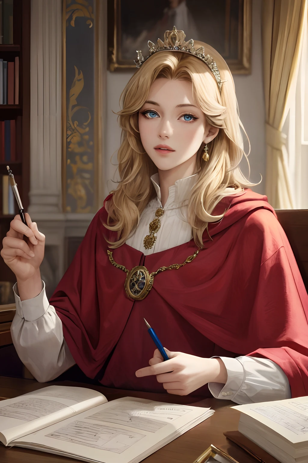 (Masterpiece: 1.2, Best Quality), Realistic, (Realistic Picture, Complex Details, Depth of Field), Best Quality, Masterpiece, Highly Detailed, Semi Realistic, 1 Girl, Mature Female, 21 Years Old, Blond Hair, Shoulder length Short Hair, Left Eye Covered with Hair, Blue Eyes, King's Clothes, Red Cloak, Slim Figure, Crown Made of Precious Gold, Reading Documents, Marking Documents, Goose Hair Pen, Office Table, Soft Bench, Palace, In the palace, during the Middle Ages