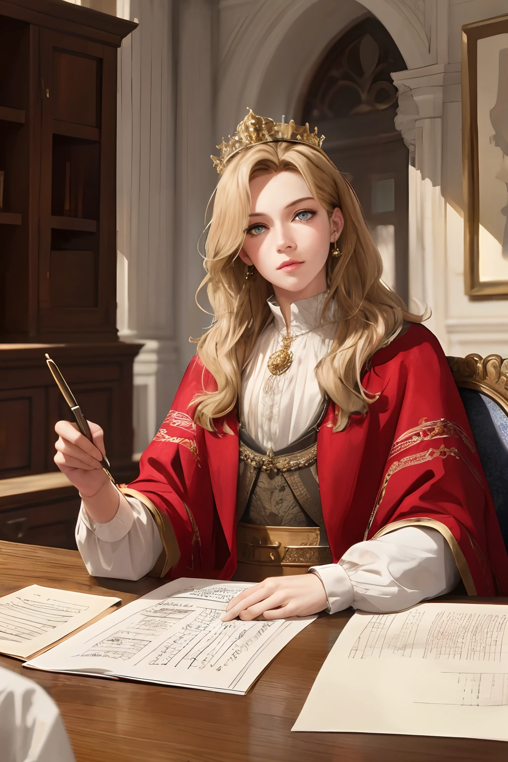 (Masterpiece: 1.2, Best Quality), Realistic, (Realistic Picture, Complex Details, Depth of Field), Best Quality, Masterpiece, Highly Detailed, Semi Realistic, 1 Girl, Mature Female, 21 Years Old, Blond Hair, Shoulder length Short Hair, Left Eye Covered with Hair, Blue Eyes, King's Clothes, Red Cloak, Slim Figure, Crown Made of Precious Gold, Reading Documents, Marking Documents, Goose Hair Pen, Office Table, Soft Bench, Palace, In the palace, during the Middle Ages