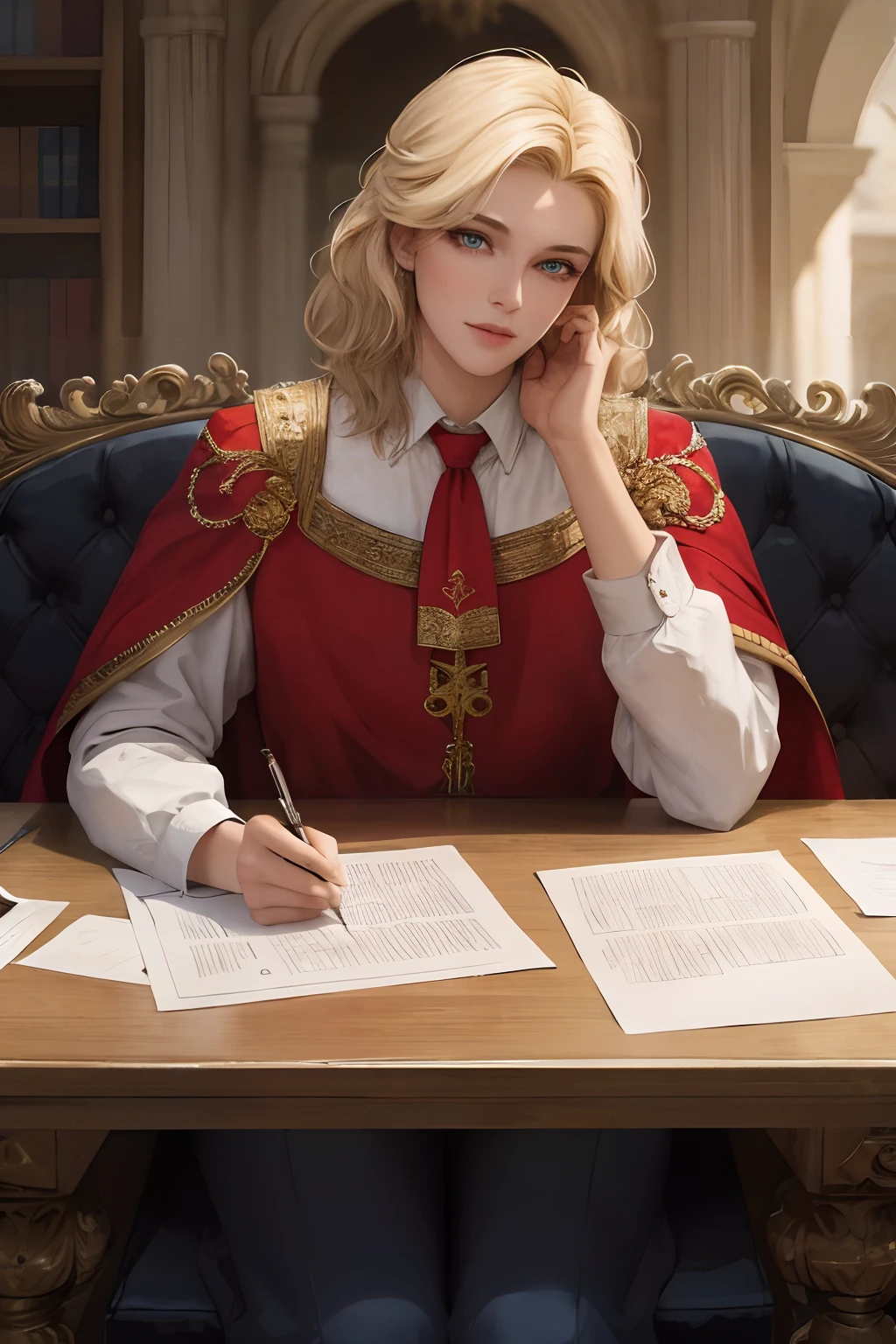 (Masterpiece: 1.2, Best Quality), Realistic, (Realistic Picture, Complex Details, Depth of Field), Best Quality, Masterpiece, Highly Detailed, Semi Realistic, 1 Girl, Mature Female, 21 Years Old, Blond Hair, Shoulder length Short Hair, Left Eye Covered with Hair, Blue Eyes, King's Clothes, Red Cloak, Slim Figure, Crown Made of Precious Gold, Reading Documents, Marking Documents, Goose Hair Pen, Office Table, Soft Bench, Palace, In the palace, during the Middle Ages