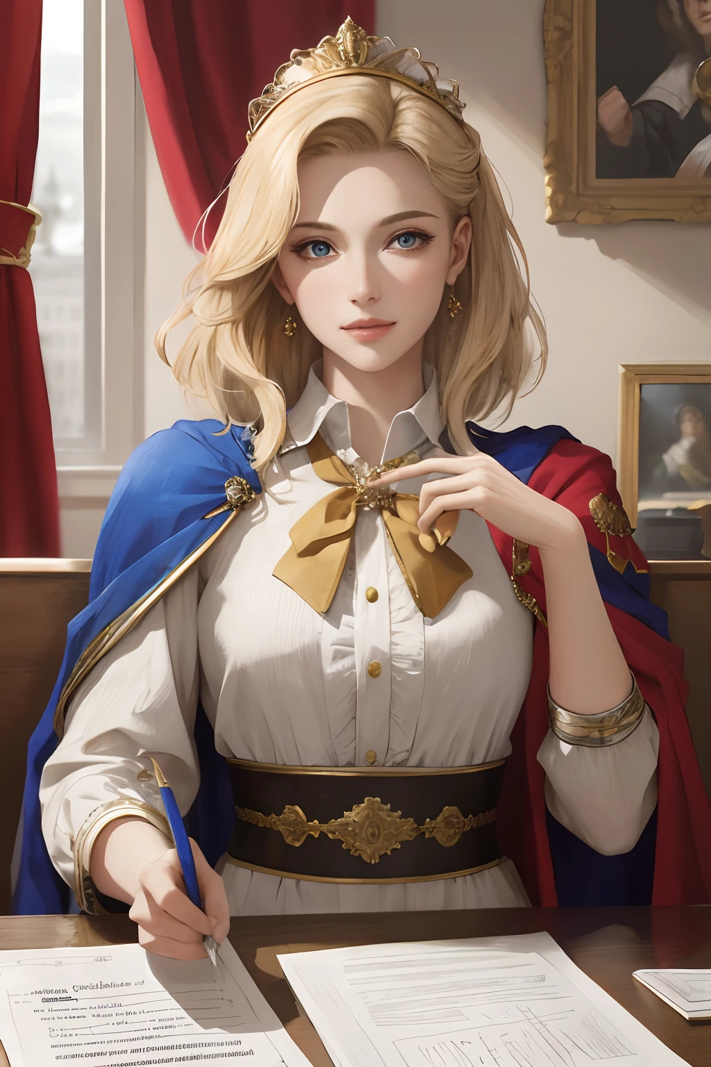 (Masterpiece: 1.2, Best Quality), Realistic, (Realistic Picture, Complex Details, Depth of Field), Best Quality, Masterpiece, Highly Detailed, Semi Realistic, 1 Girl, Mature Female, 21 Years Old, Blond Hair, Shoulder length Short Hair, Left Eye Covered with Hair, Blue Eyes, King's Clothes, Red Cloak, Slim Figure, Crown Made of Precious Gold, Reading Documents, Marking Documents, Goose Hair Pen, Office Table, Soft Bench, Palace, In the palace, during the Middle Ages