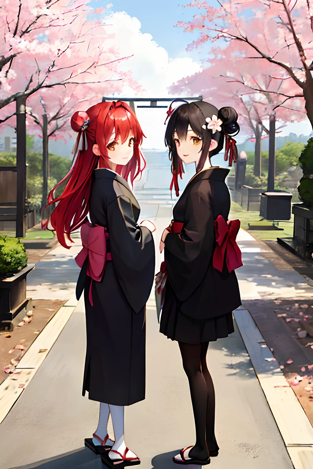 ((masterpiece,best quality)),2girls, black kimono, black legwear, black ribbon, black hair, cherry blossoms, day, flower, hair bun, hair ribbon, japanese clothes, kimono, long hair, looking at viewer, looking back, multiple girls, obi, outdoors, red eyes, red hair, ribbon, sandals, single hair bun, stairs, standing, statue, torii, tree, white kimono, yellow eyes