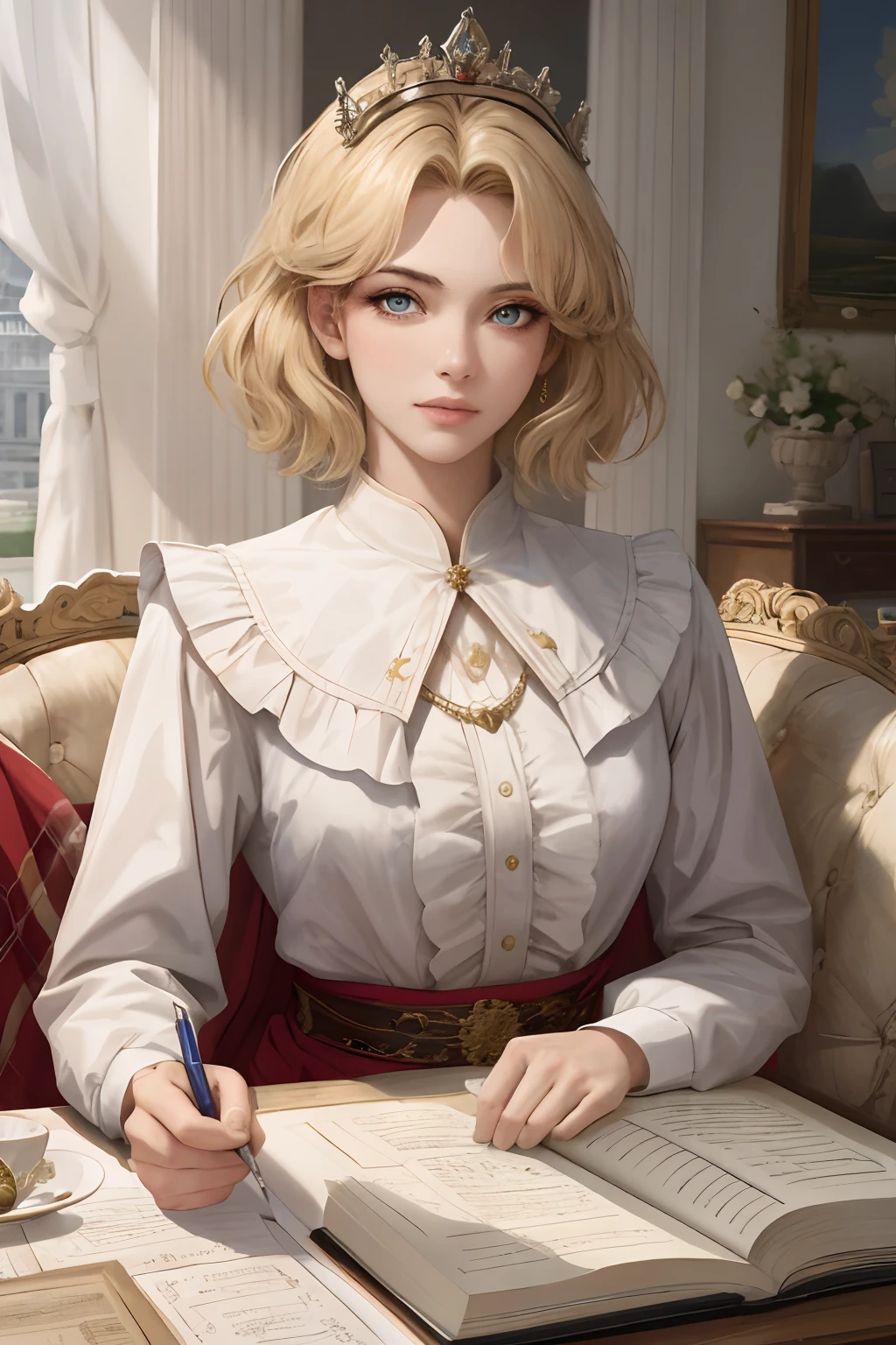 (Masterpiece: 1.2, Best Quality), Realistic, (Realistic Picture, Complex Details, Depth of Field), Best Quality, Masterpiece, Highly Detailed, Semi Realistic, 1 Girl, Mature Female, 21 Years Old, Blond Hair, Shoulder length Short Hair, Left Eye Covered with Hair, Blue Eyes, King's Clothes, Red Cloak, Slim Figure, Crown Made of Precious Gold, Reading Documents, Marking Documents, Goose Hair Pen, Office Table, Soft Bench, Palace, In the palace, during the Middle Ages